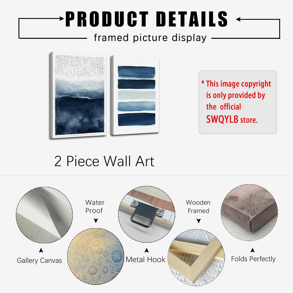 SWQYLB Navy Blue Canvas Wall Art 2 Pieces Neutral Blue and White Abstract Paintings Wall Decor Watercolor Pictures for Modern Minimalist Print Office Decor Framed (24x36inchx2 Pieces)
