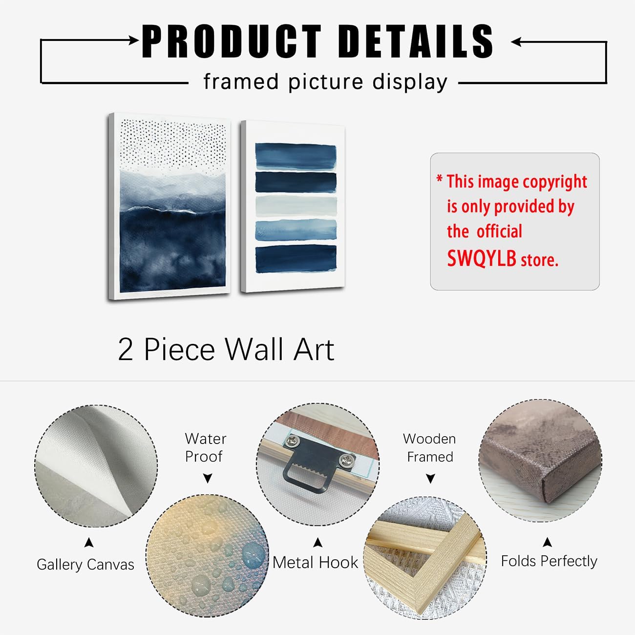 SWQYLB Navy Blue Canvas Wall Art 2 Pieces Neutral Blue and White Abstract Paintings Wall Decor Watercolor Pictures for Modern Minimalist Print Office Decor Framed (24x36inchx2 Pieces)