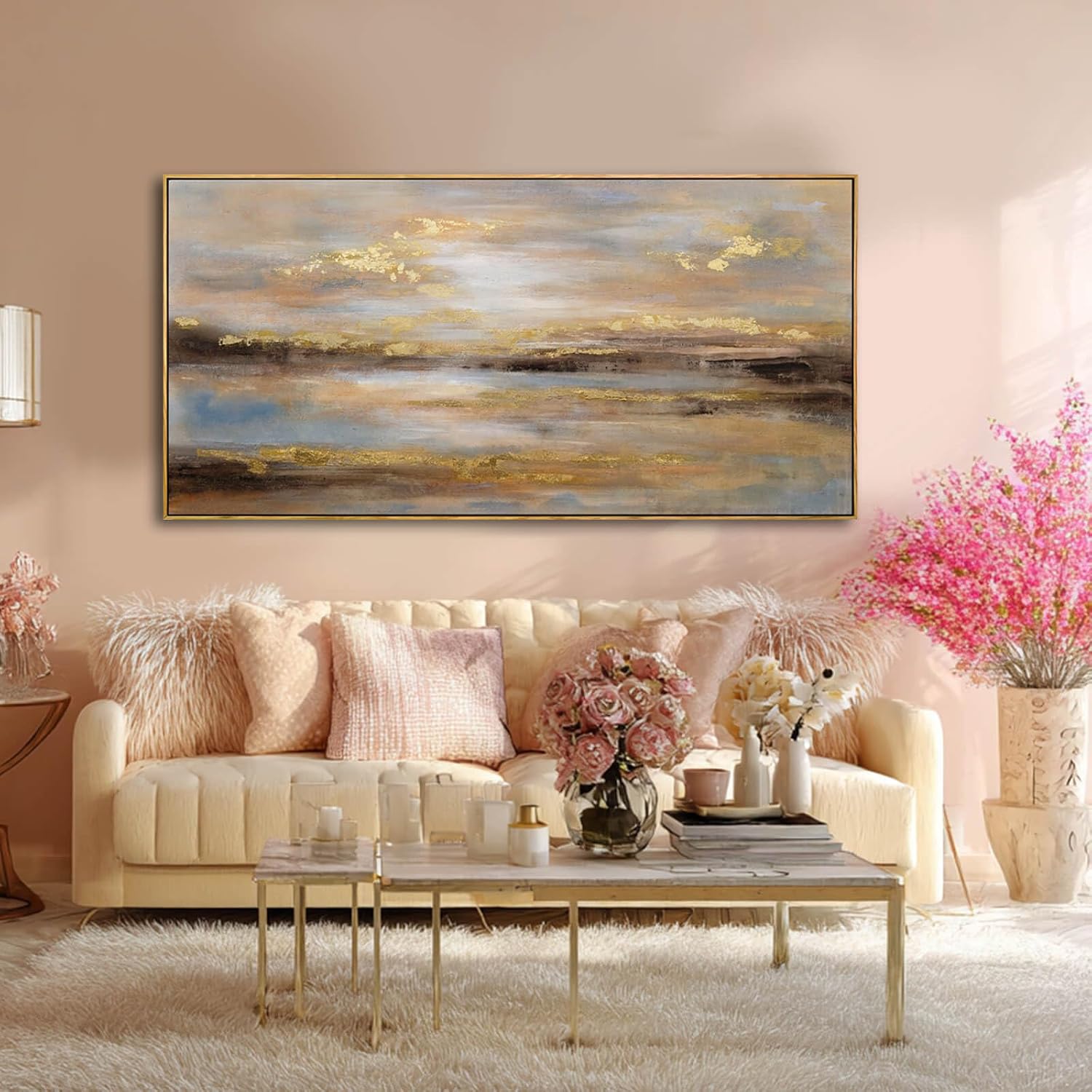 Gold Abstract Wall Art Decor Neutral Canvas Pictures Wooden Framed Wall Decor Colorful Art Prints for Living Room Dining Room Bedroom 24x48 Inch