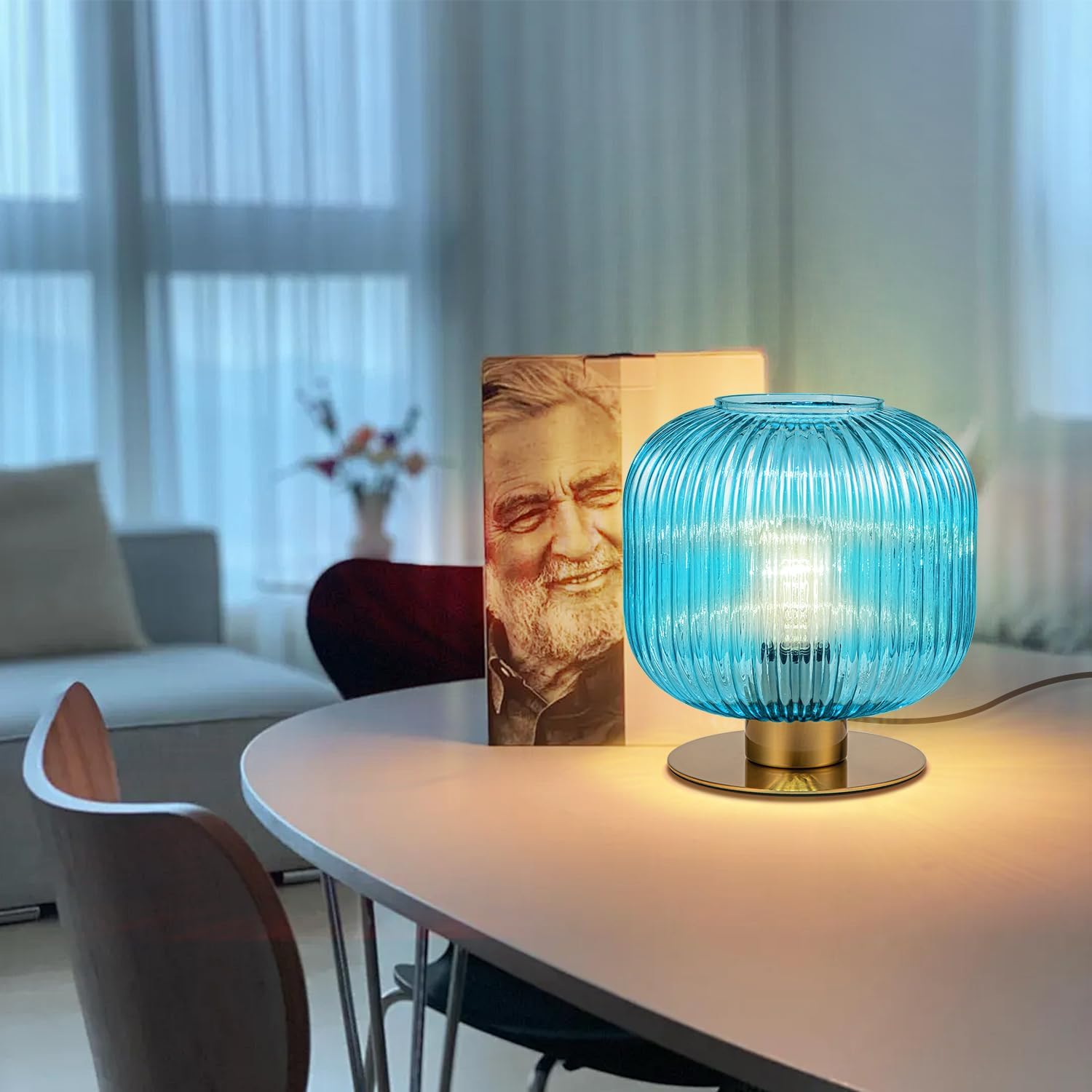 Blue Table Lamps for Bedroom Set of 2, Small Glass Table Lamp Plug in with On/Off Switch, Mid Century Modern Globe Bedside Lamp Coastal Lamps for Bedrooms Living Room Study Room