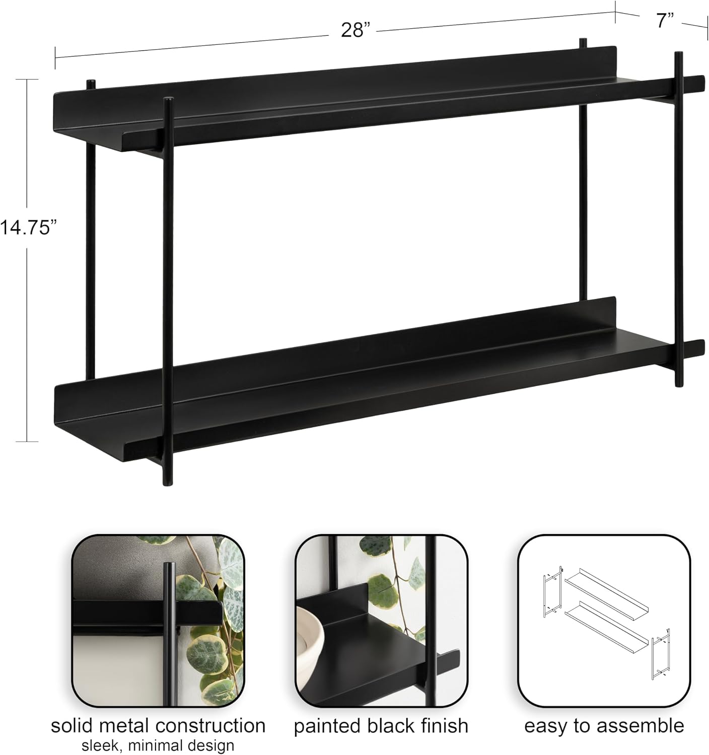 Kate and Laurel Dominic Modern Metal Bathroom Shelf; 28 x 7 x 15; Black; Contemporary Sleek 2-Tier Floating Shelves for Wall Decor; Display; and Over Toilet Storage