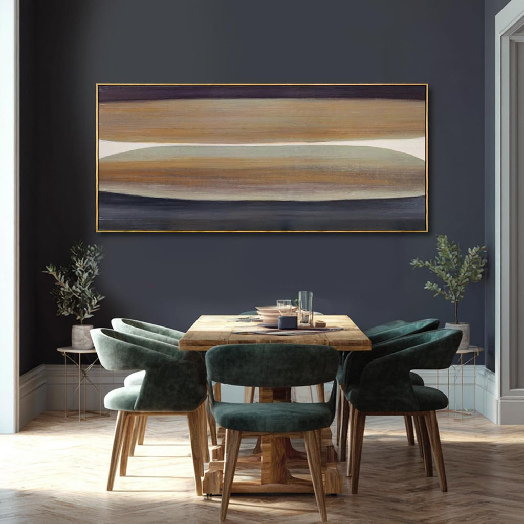Beige Brown Hand-painted Canvas Wall Art, 32x70 Inch Framed Horizontal Abstract Artwork with Neutral Tones for Living Room Decor