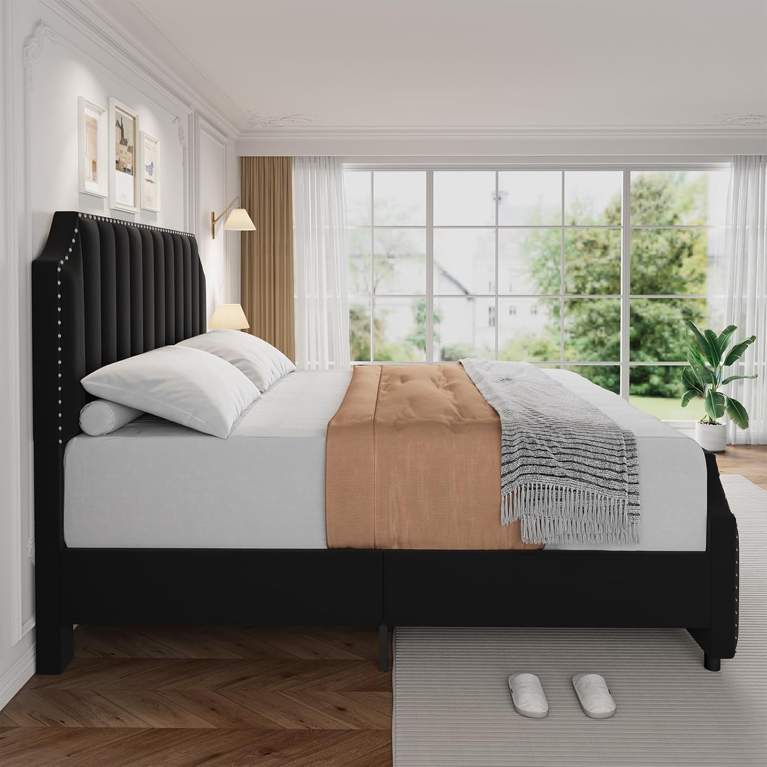 Queen Size Bed Frame, Platform Bed Frame with Velvet Upholstered 50.2'' Headboard, Rivet Decoration, Strong Wooden Slats, No Box Spring Needed, Easy Assembly, Black