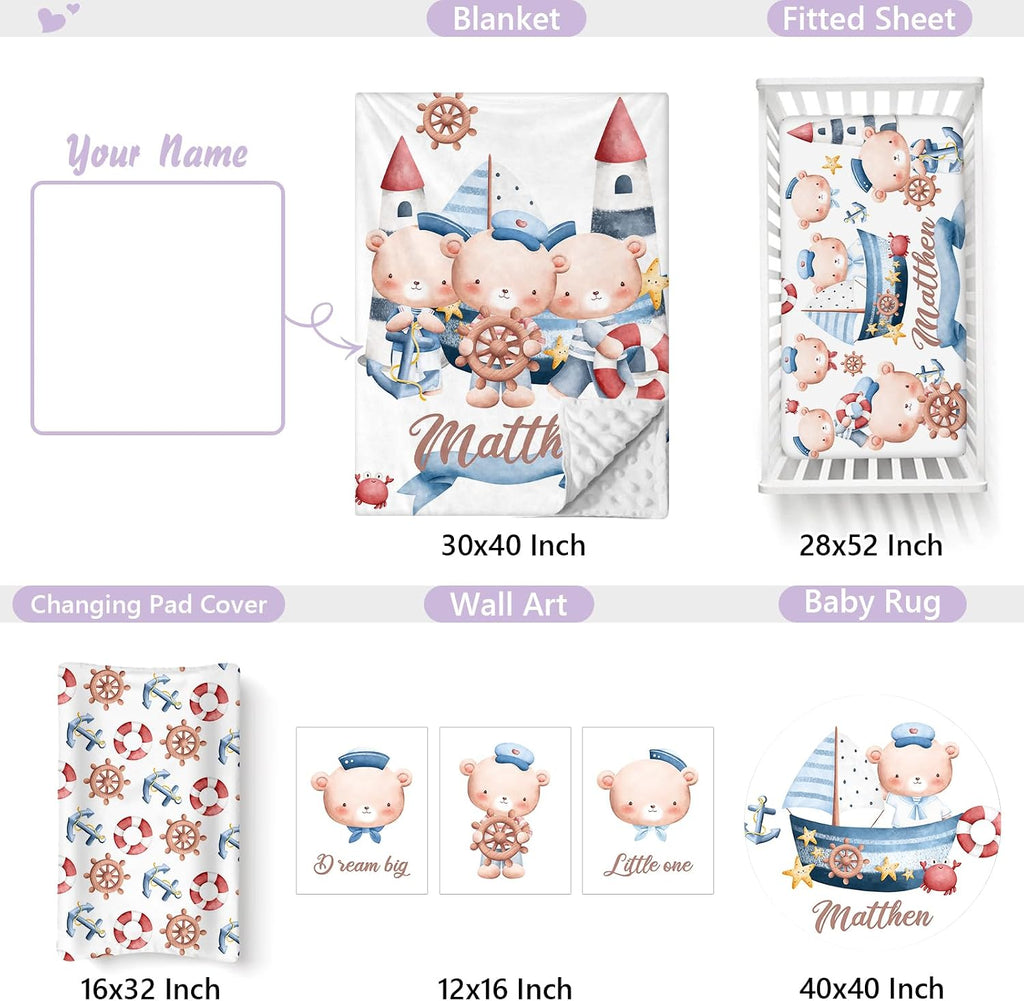 Custom Baby Crib Bedding Set, 5 PCS Personalized Name Baby Crib Sets for Girls Boys, Sailor Bear Theme Nursery Bedding Sets for Infant Toddler, Double Layer Flannel Bed Set Customized Gifts