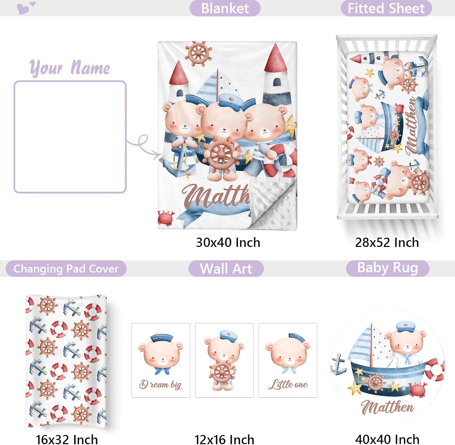 Custom Baby Crib Bedding Set, 5 PCS Personalized Name Baby Crib Sets for Girls Boys, Sailor Bear Theme Nursery Bedding Sets for Infant Toddler, Double Layer Flannel Bed Set Customized Gifts