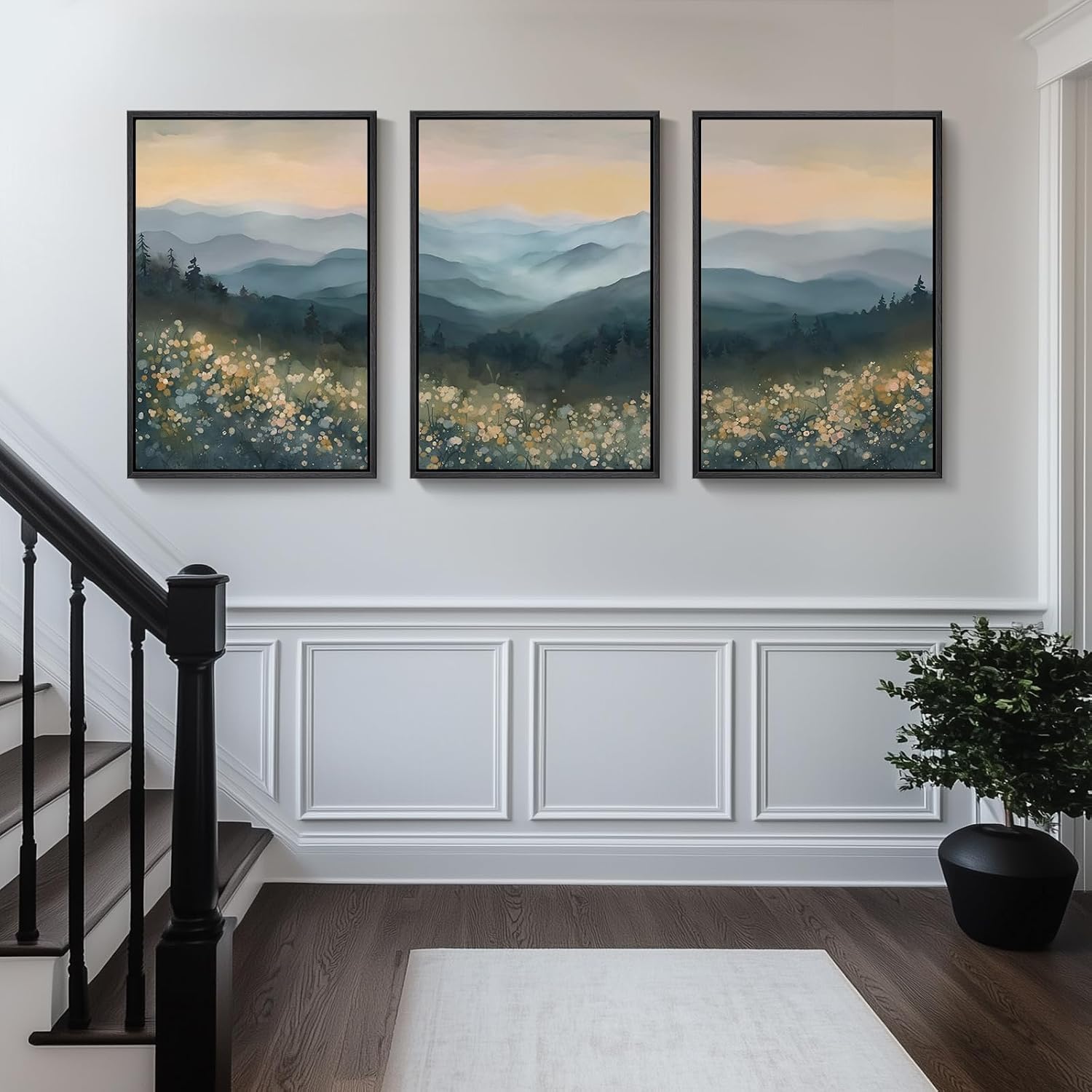 Framed Mountain Landscape Wall Art for Living Room, Large Watercolor Wildflower Scenic Artwork for Walls, 3 Piece Boho Foggy Nature Aesthetic Canvas Painting Print for Bedroom Office Kitchen, 24x36 In