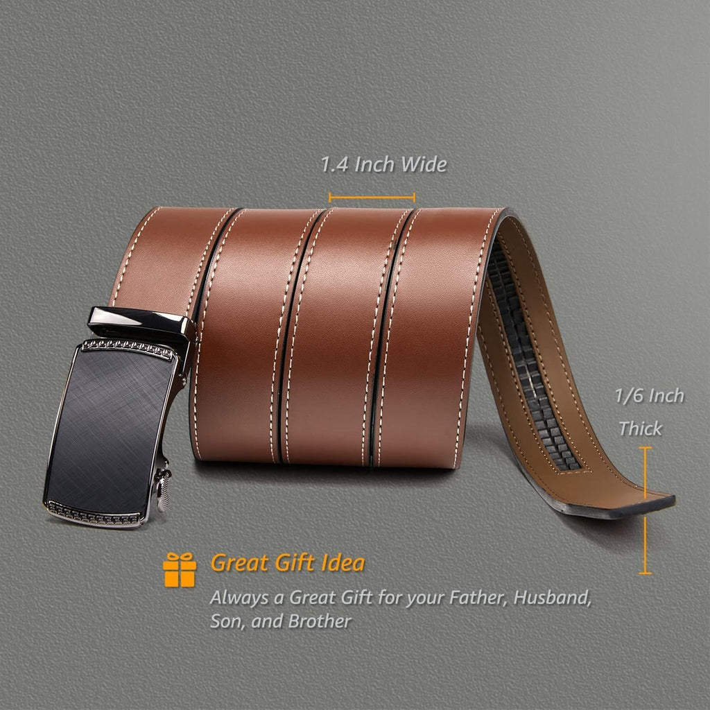 Ratchet Belt for Men, Genuine Leather Adjustable Click Dress Belt with Slide Buckle, Trim to Fit, Gift Box Included