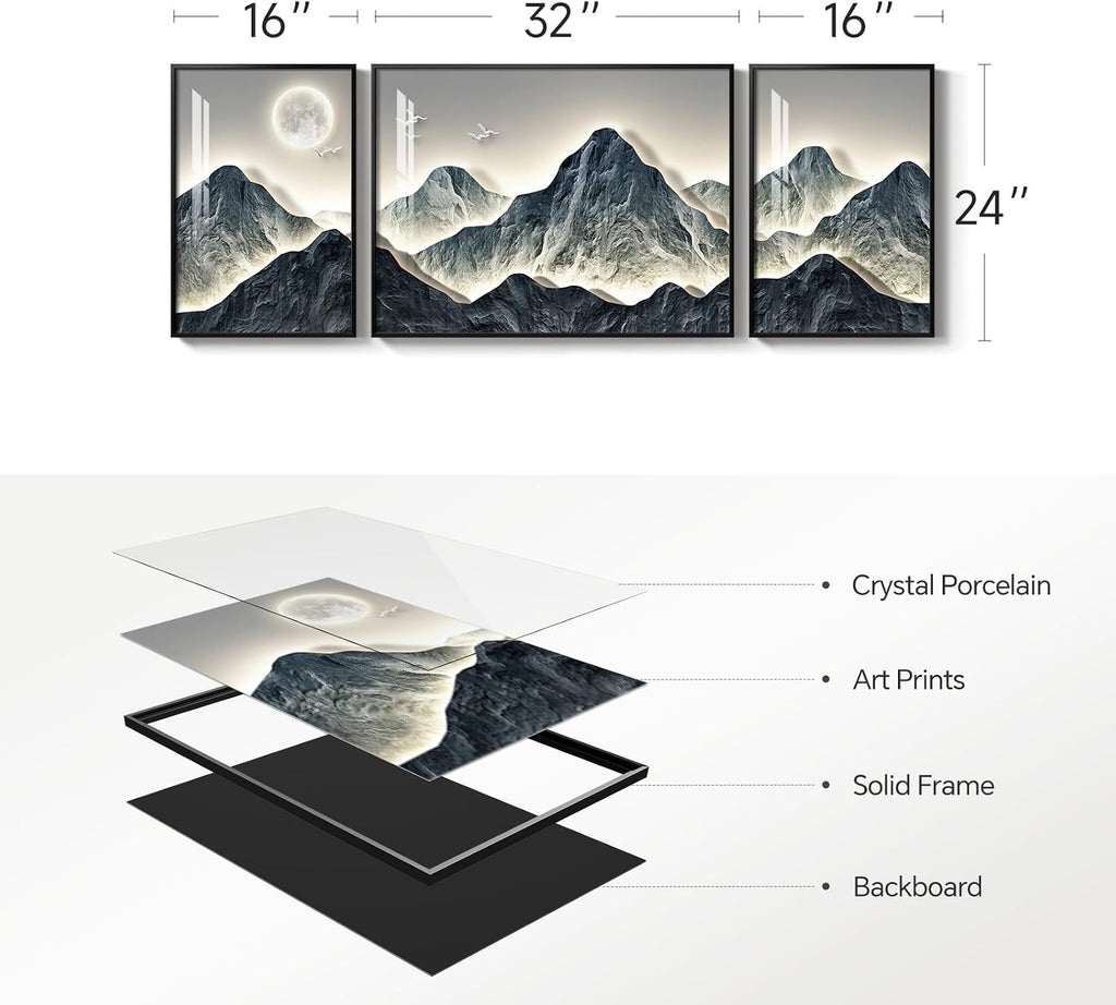 Framed Modern Mountain Wall Art for Living Room, 3 Piece Blue Luxury Bright Style Painting Prints, Landscape Moon Artwork for Dining Room Hallway Home Office Wall Decor