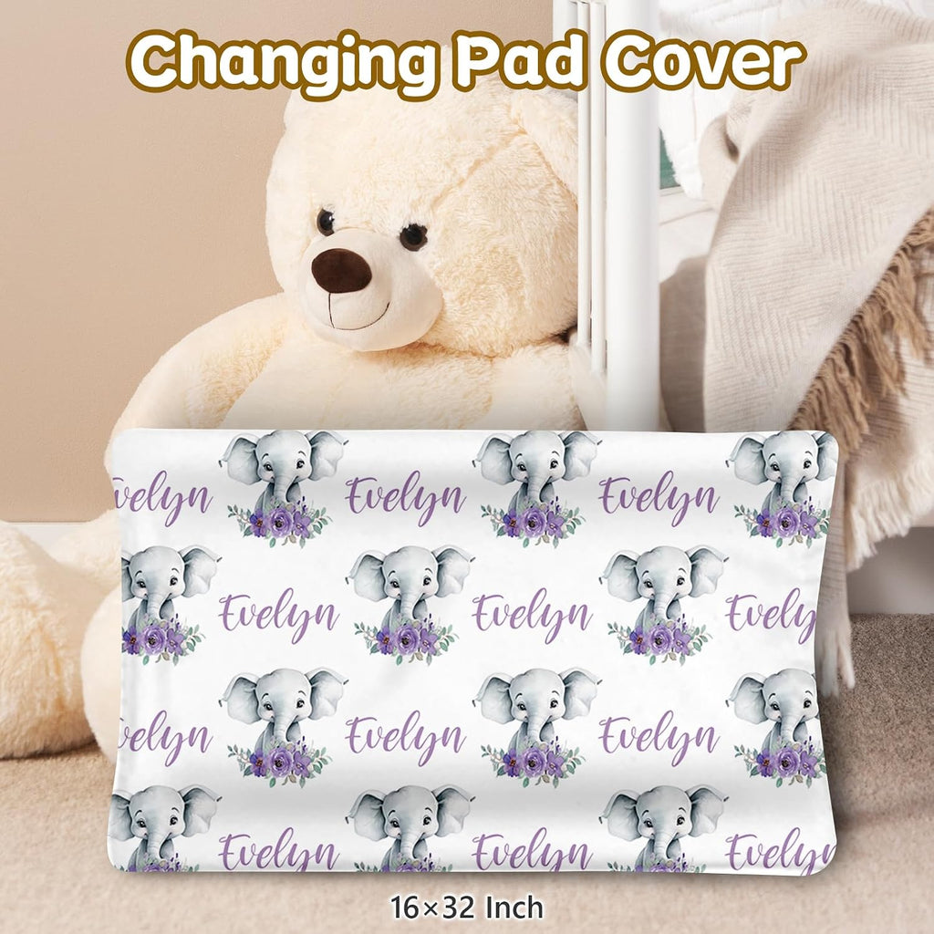 Terwex Personalized Baby Crib Set, 5 Pcs Custom Name Bedding for Girls Boys - Nursery Crib Sets, Soft Toddler Sets for Infant Customized Gifts, Purple Elephant