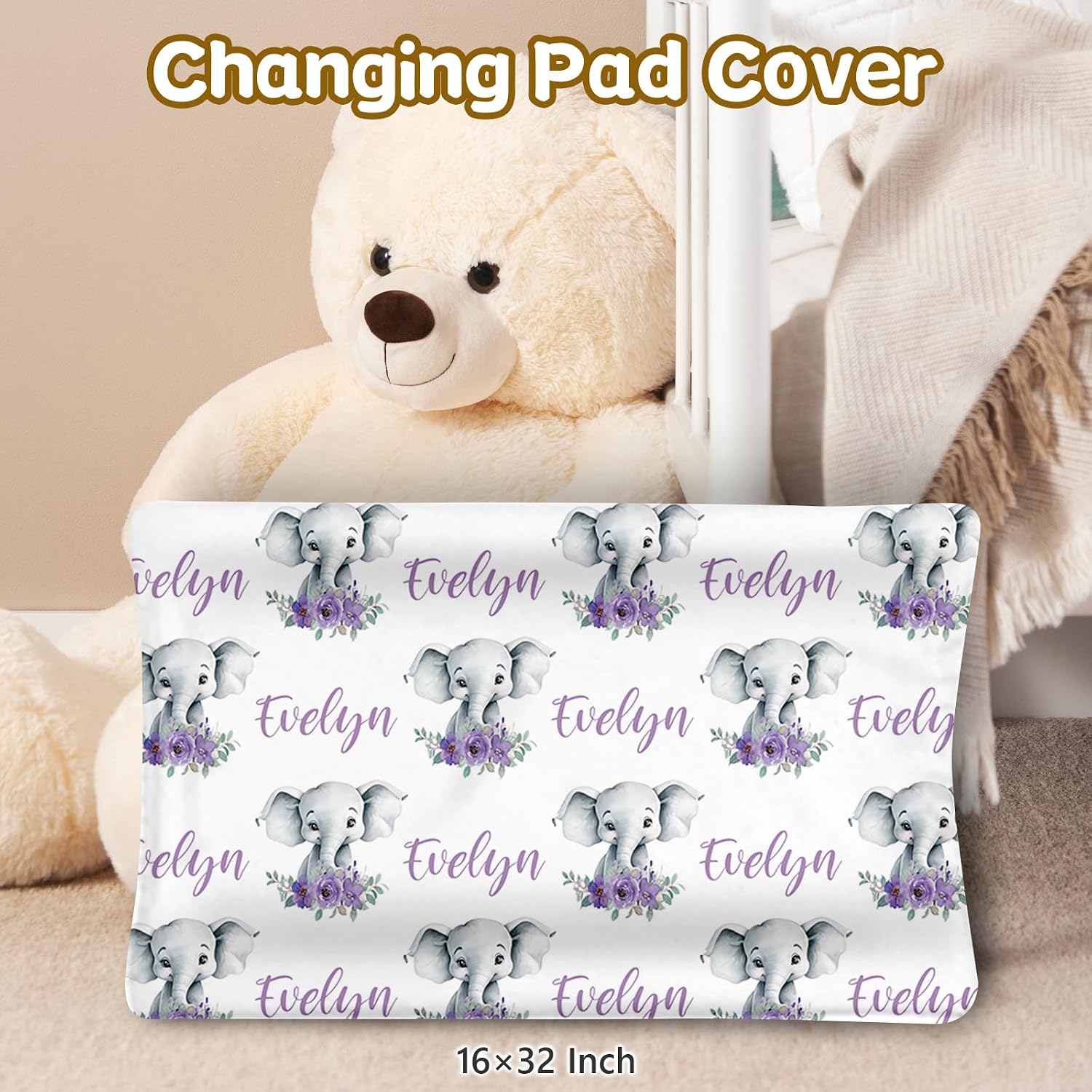 Terwex Personalized Baby Crib Set, 5 Pcs Custom Name Bedding for Girls Boys - Nursery Crib Sets, Soft Toddler Sets for Infant Customized Gifts, Purple Elephant