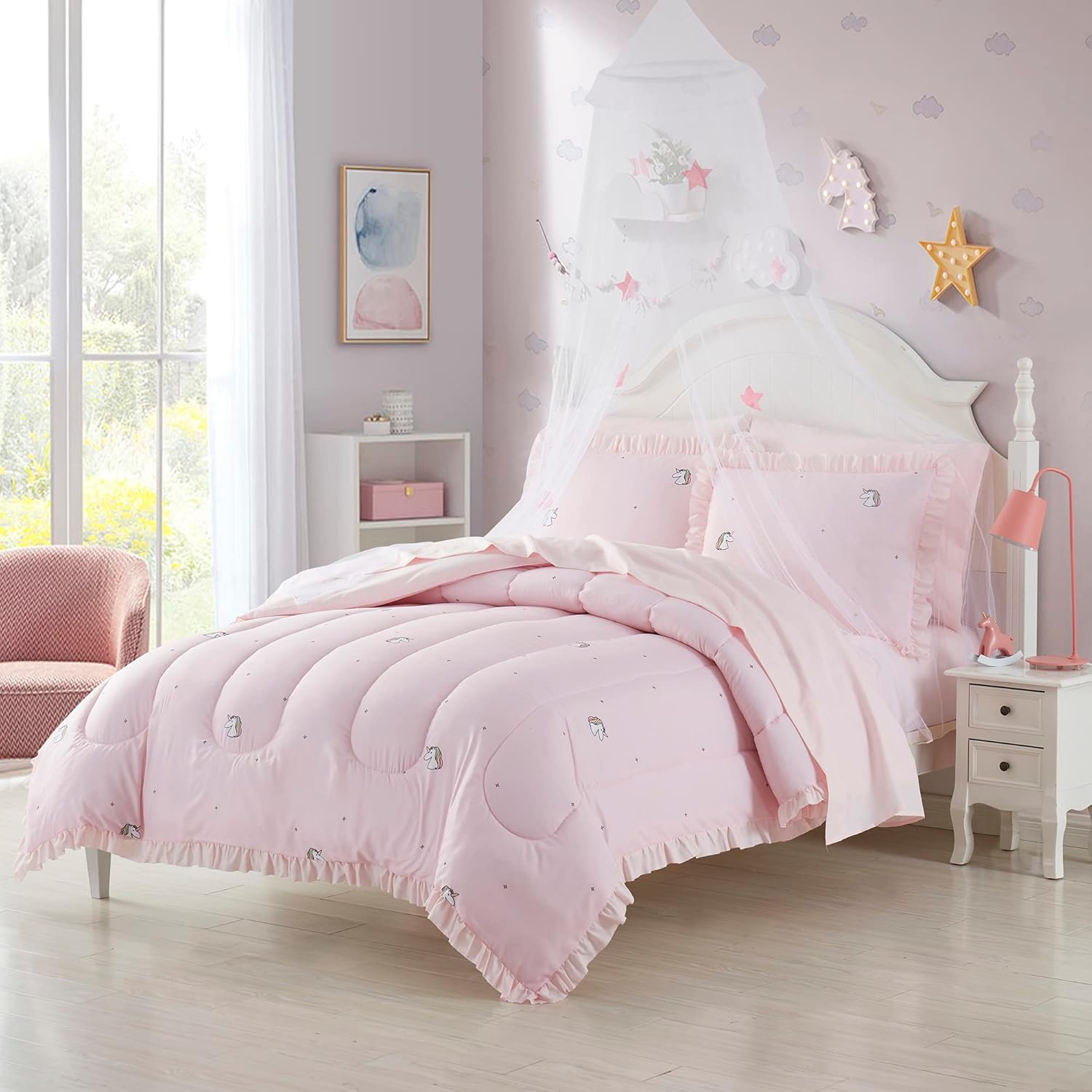 Kids Bedding Set Bed in a Bag for Boys and Girls Toddlers Printed Sheet Set and Comforter, Twin, Rainbow Unicorn (Pack of 4)
