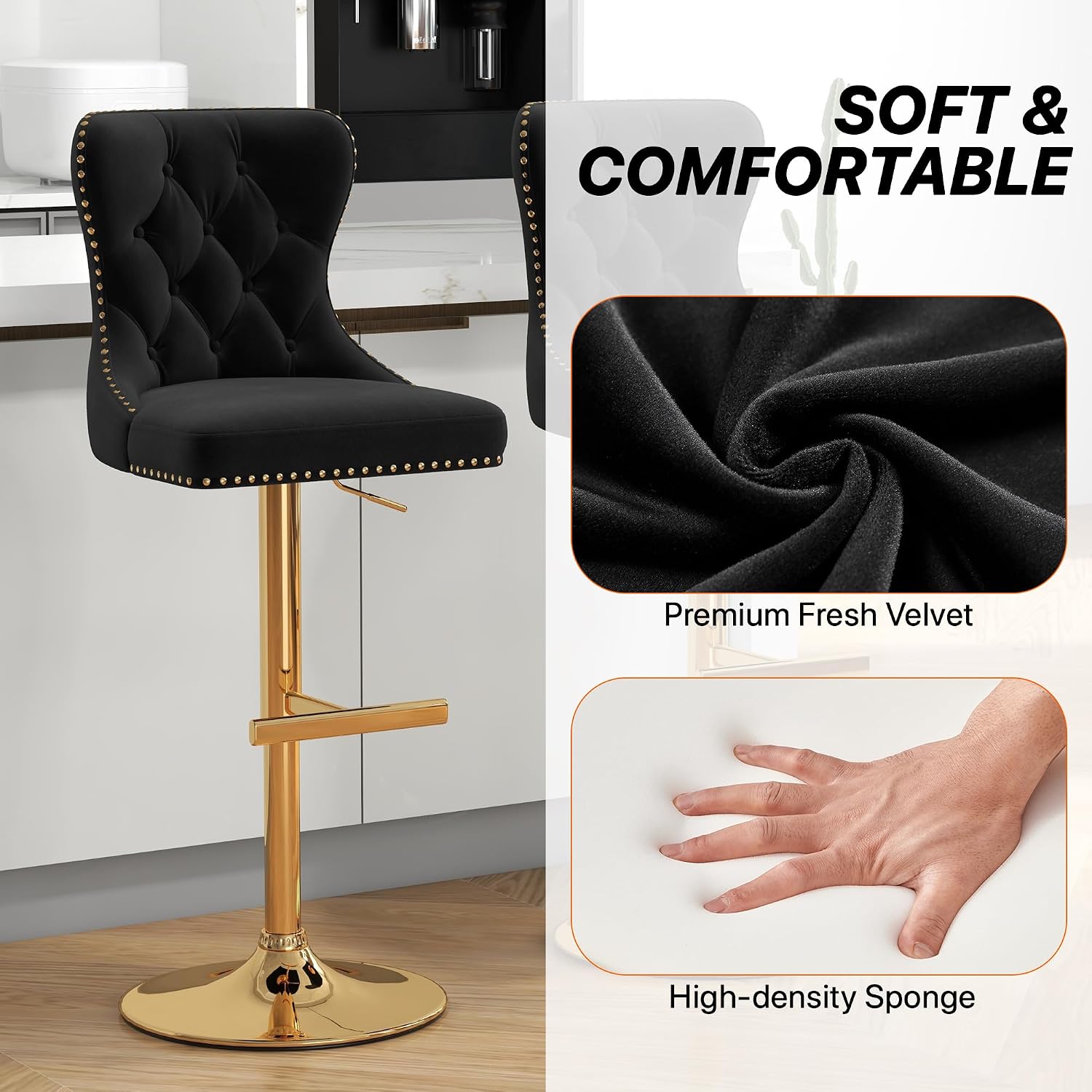 Velvet Tufted Barstools Set of 4, Swivel Counter Chairs with Diamond Lattice Back, Height Adjustable Seat with Rivet Trim Metal Pull, Elegant Design, Black