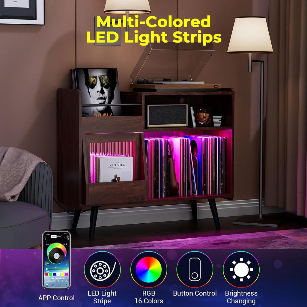 MULEJYBO Large Record Player Stand with Sliding Door,350 Vinyl Record Storage Cabinet, Record Player Table with Power Outlet and LED Light,Turntable Stand with Wood Legs for Living Room,Office