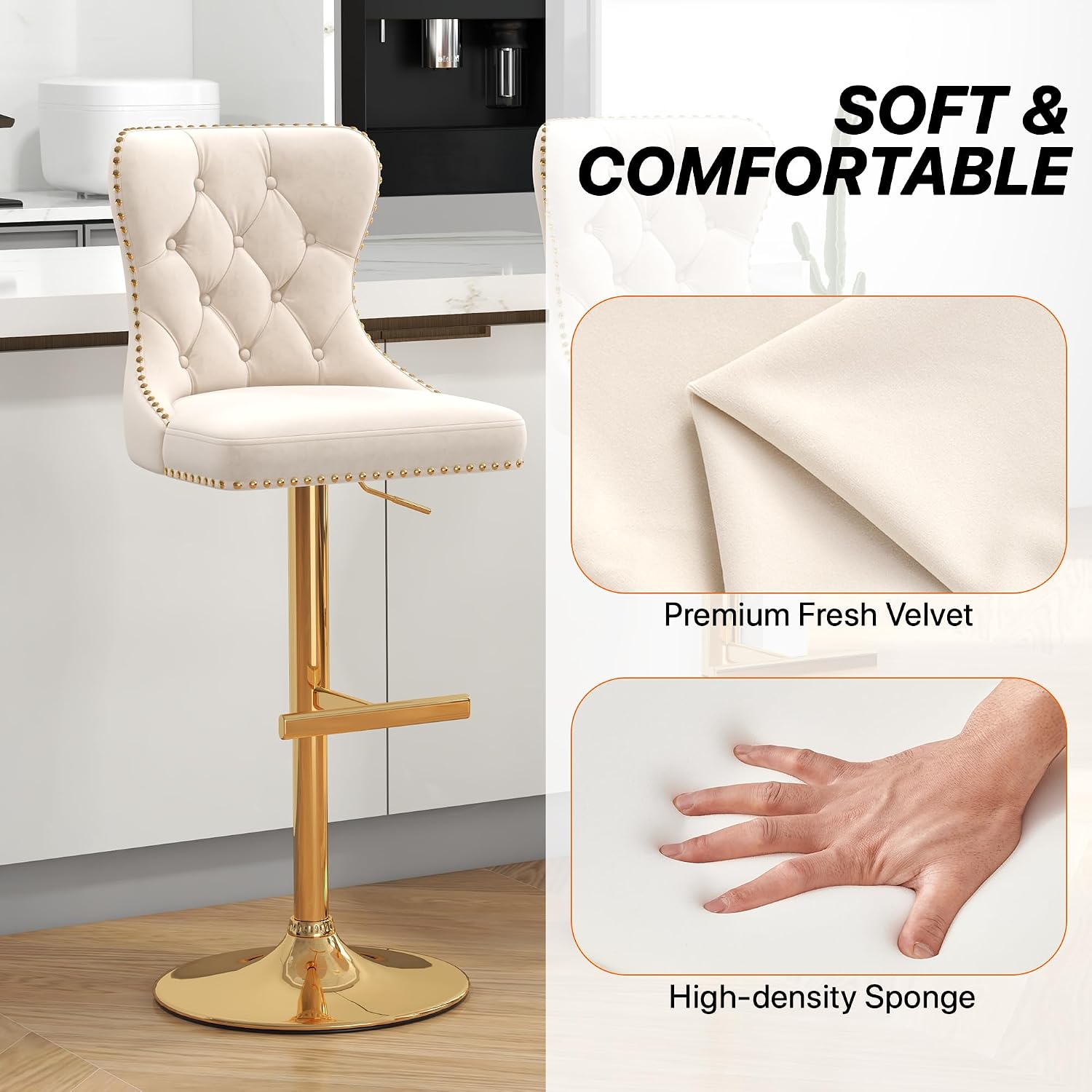 Bar Stools Set of 4, Velvet Swivel Counter Height Stools with Tufted Back, Adjustable Seat with Nailheads Trim, Upholstered Bar Chairs with Gold Base for Kitchen Island, Pub, Beige
