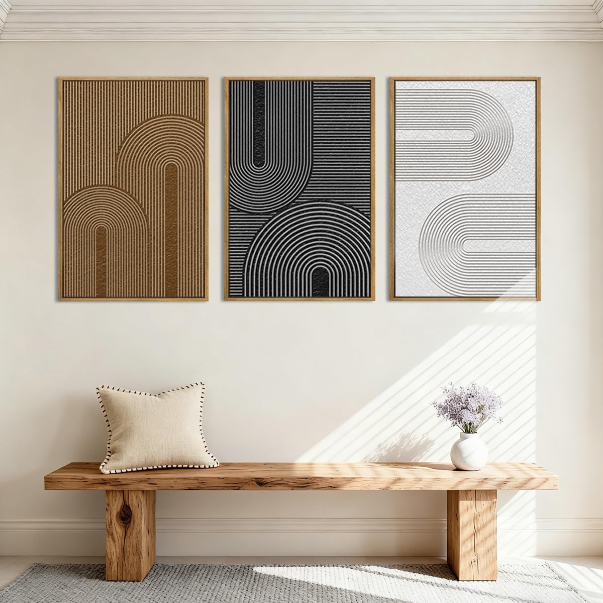 Extra Large Abstract Modern Wall Art Abstract Line Wall Decor Framed Dark Wall Painting Neutral Print Decor Geometric Artwork Minimalist Modern Home Decor for Living Room Bedroom Office 24x36 Inches Set of 3