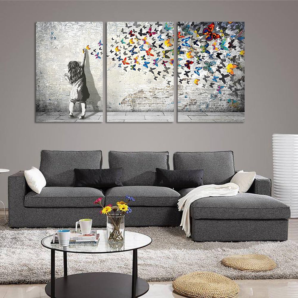 Novatique Banksy Canvas Wall Art Colorful Graffiti Wall Art Beautiful Butterfly Painting Print Abstract Graffiti Street Poster Artwork for Living Room Bedroom,24'x 36'x 3Pcs