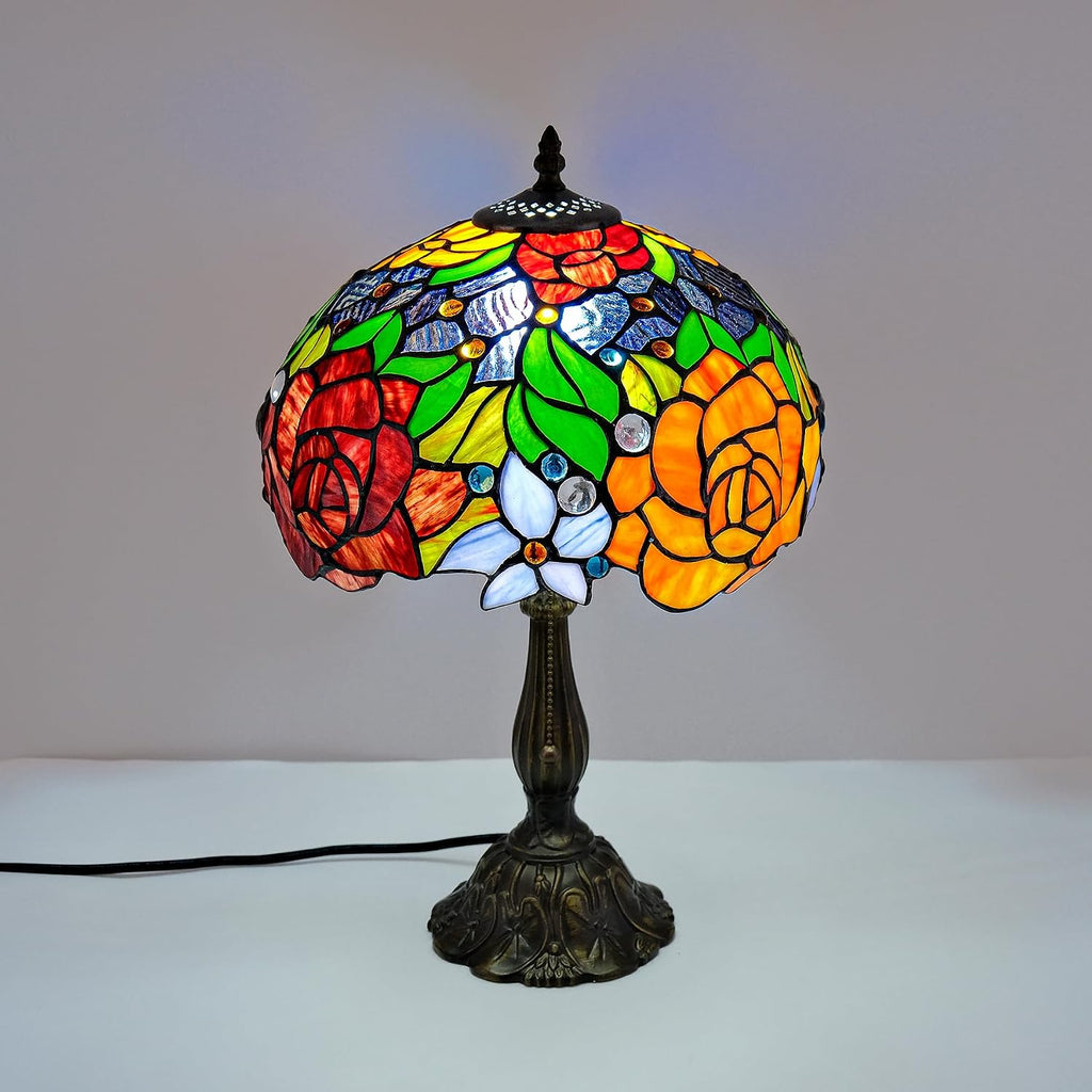 Tiffany Style Stained Glass Table Lamp, Floral Pattern Desk Light with Antique Bronze Resin Base, Red Roses Decorative Lighting for Bedroom, Living Room, Office 12X12X19 Inch