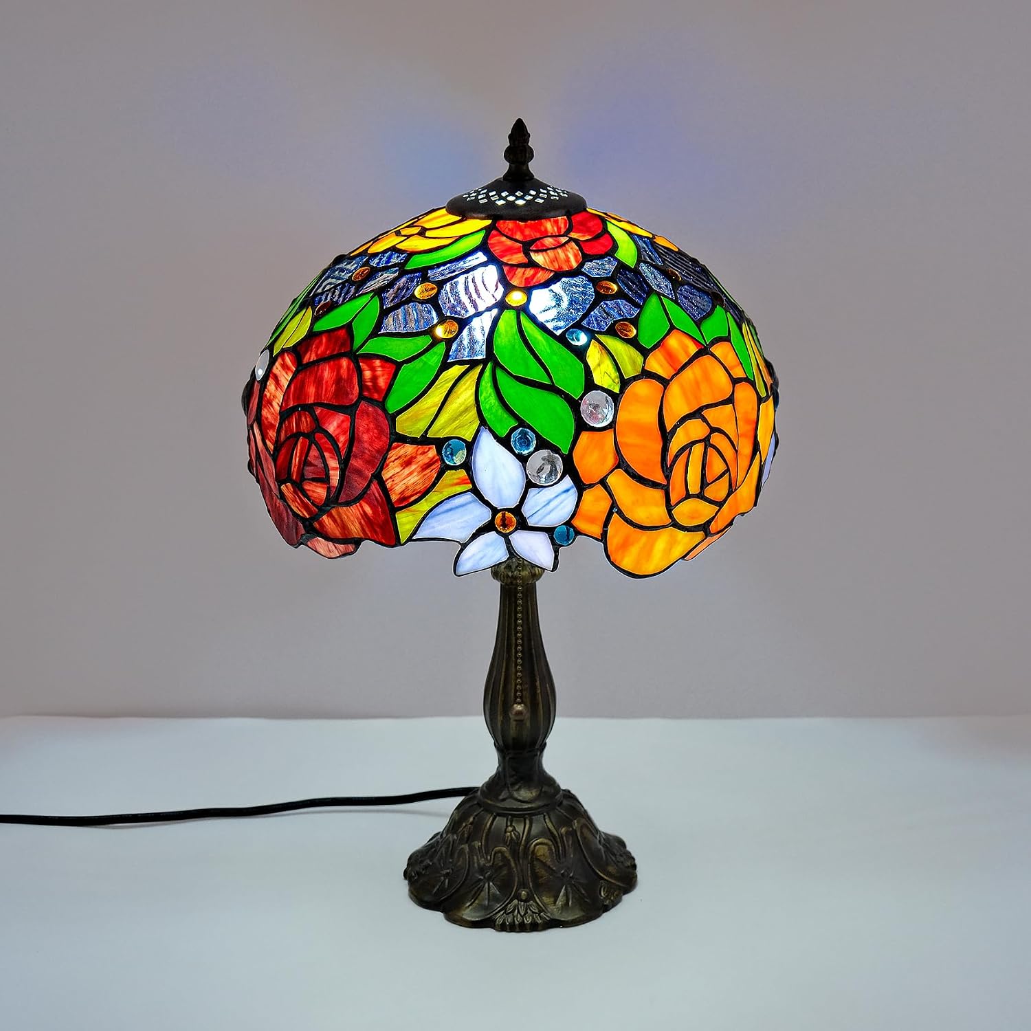 Tiffany Style Stained Glass Table Lamp, Floral Pattern Desk Light with Antique Bronze Resin Base, Red Roses Decorative Lighting for Bedroom, Living Room, Office 12X12X19 Inch