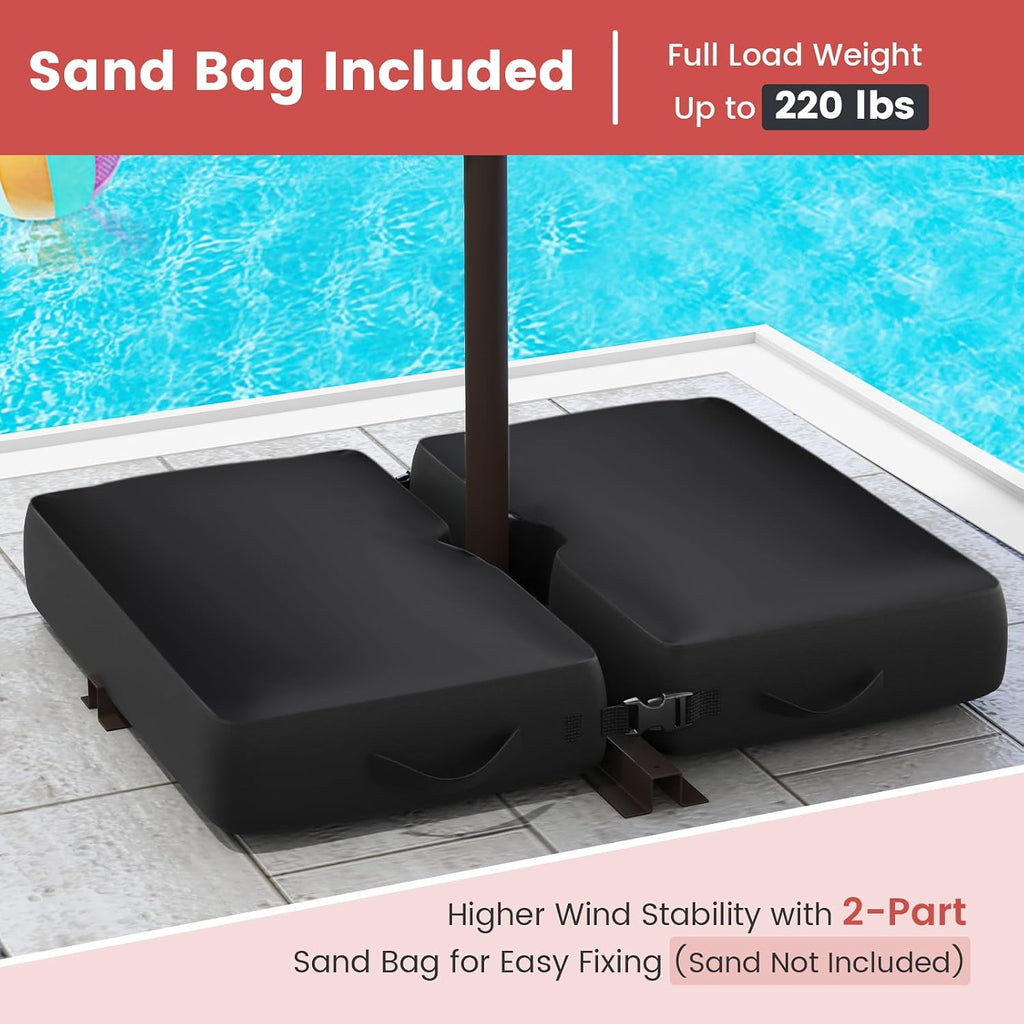 Tangkula 10FT Offset Patio Umbrella with Base Included, Outdoor Cantilever Umbrella with 40 Solar LED Lights, Tilt Adjustment, Crank Handle, Vented Top, Sand Bags for Pool Yard Deck (Burgundy)