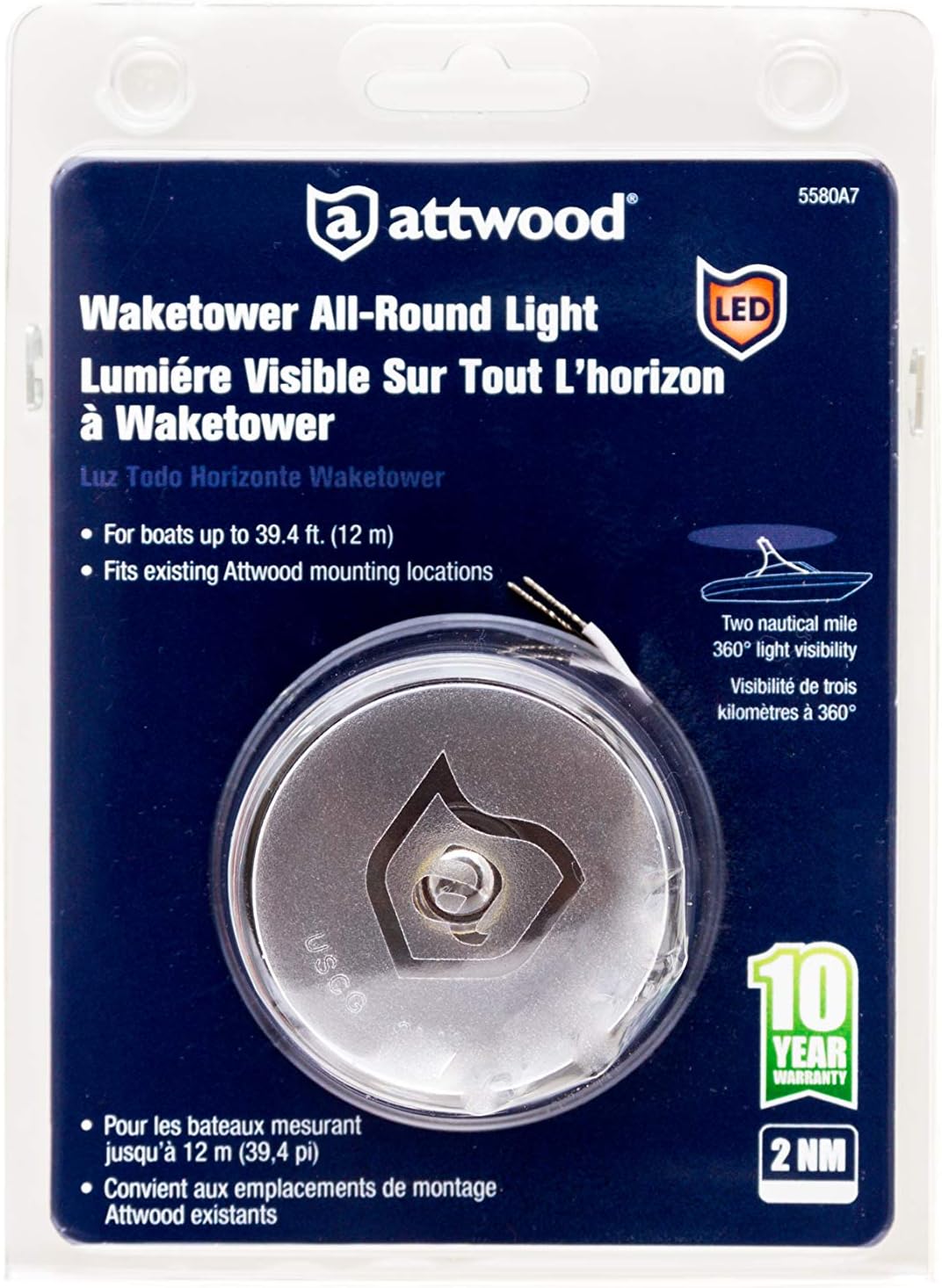 attwood 5580A7 Waketower All-Round Marine Boat LED Navigation Light, Silver, One size (5580-A7) (Pack of 3)
