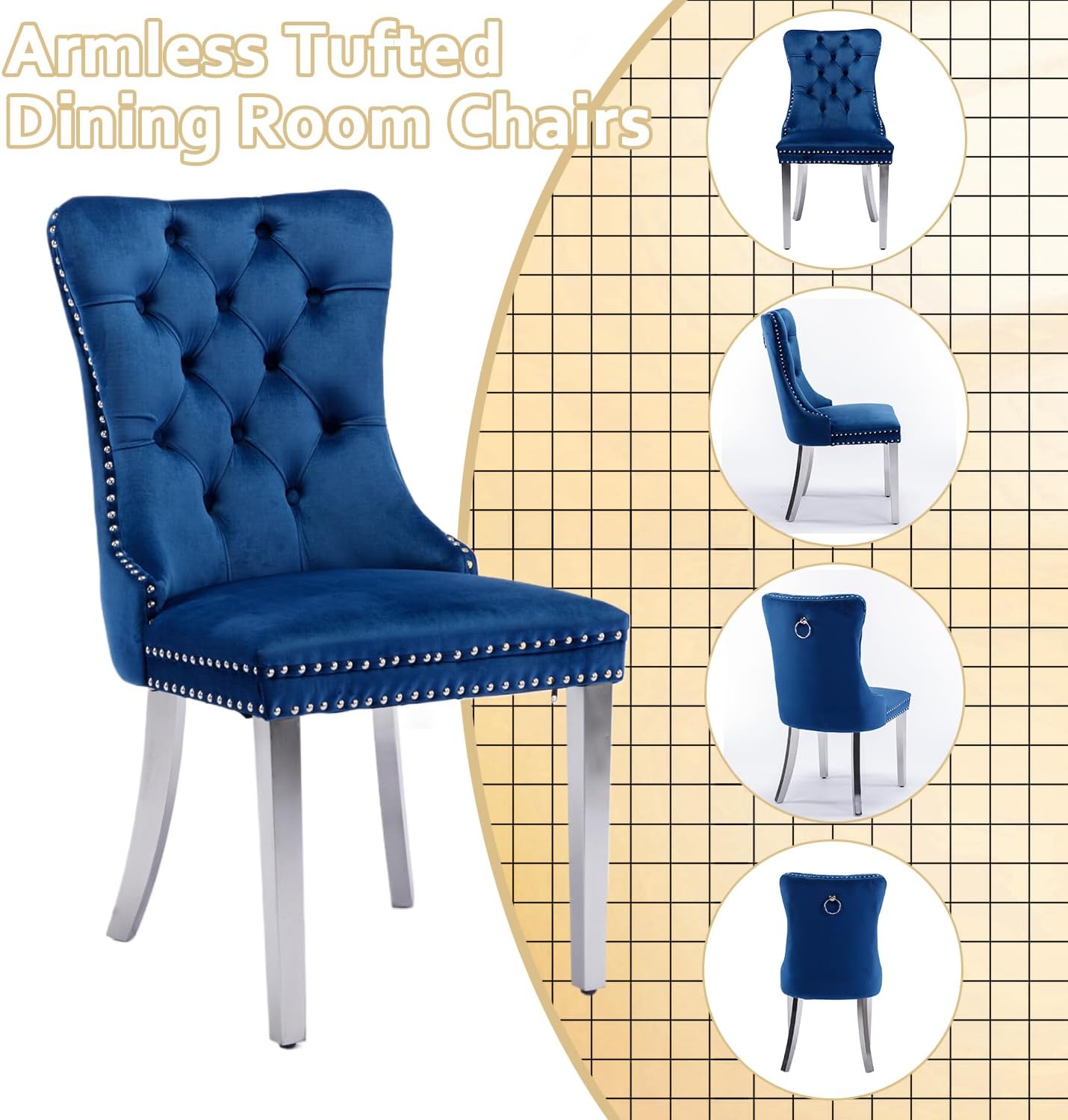 2 Piece Contemporary Velvet Upholstered Dining Chair with Chrome Stainless Steel Plating Legs, Nail Head Decro, Armless Tufted Dining Chair Fabric Dining Room Chair (Blue&Silver, Set of 2)