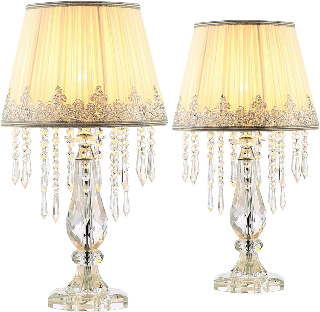 Crystal Bedside Table Lamp, Dimmable Table Lamp Set of 2 with Ruched Fabric Lampshade, Elegant Plug-in Chandelier Nightstand Lamp for Living Room Girls Room, W 12.6' X H 22.8'