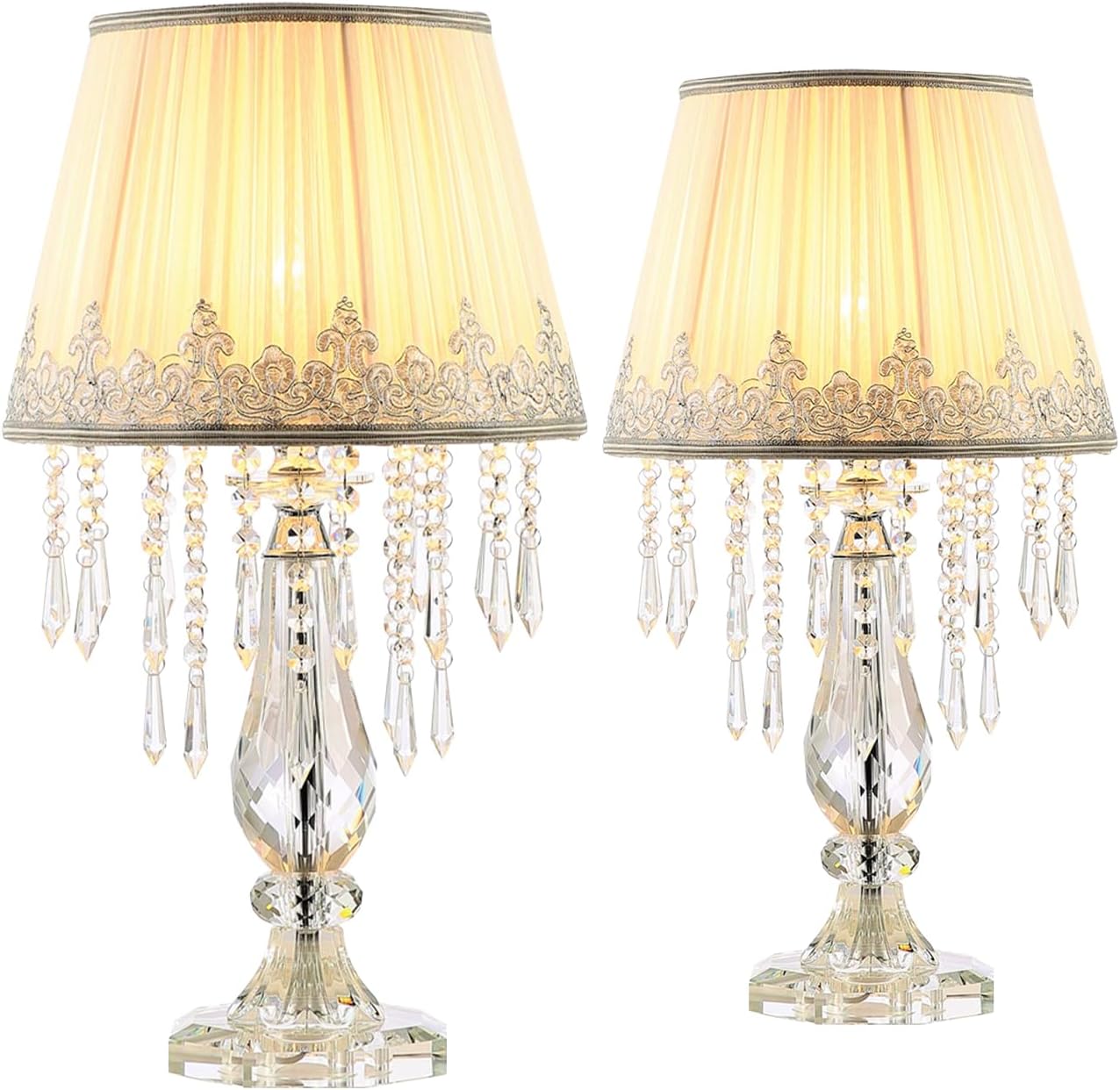 Crystal Bedside Table Lamp, Dimmable Table Lamp Set of 2 with Ruched Fabric Lampshade, Elegant Plug-in Chandelier Nightstand Lamp for Living Room Girls Room, W 12.6' X H 22.8'