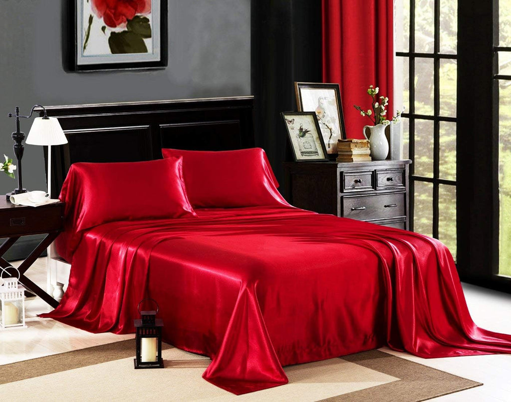 100% Pure Silk Satin Sheet Set 7pcs, Deep Pocket Fitted Sheet, Flat Sheet, Duvet Cover & Pillowcases Set|Cool Soft Satin Sheets|Wrinkle Free Fade Resistant|Twin,Blood Red