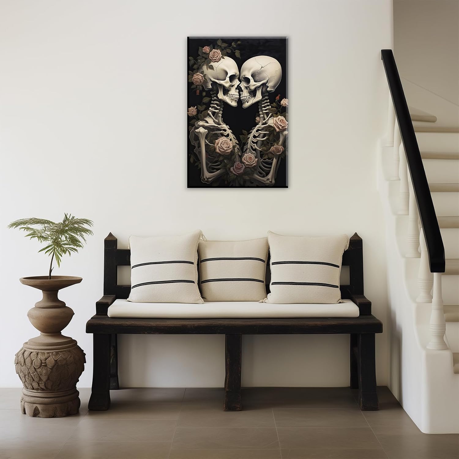 OAAPITI Vintage Skeleton Canvas Wall Art Gothic Painting Artwork Retro Rose Skull Art Poster Abstract Romantic Theme Picture Halloween Living Room Decor(Artwork-4,28'x42')