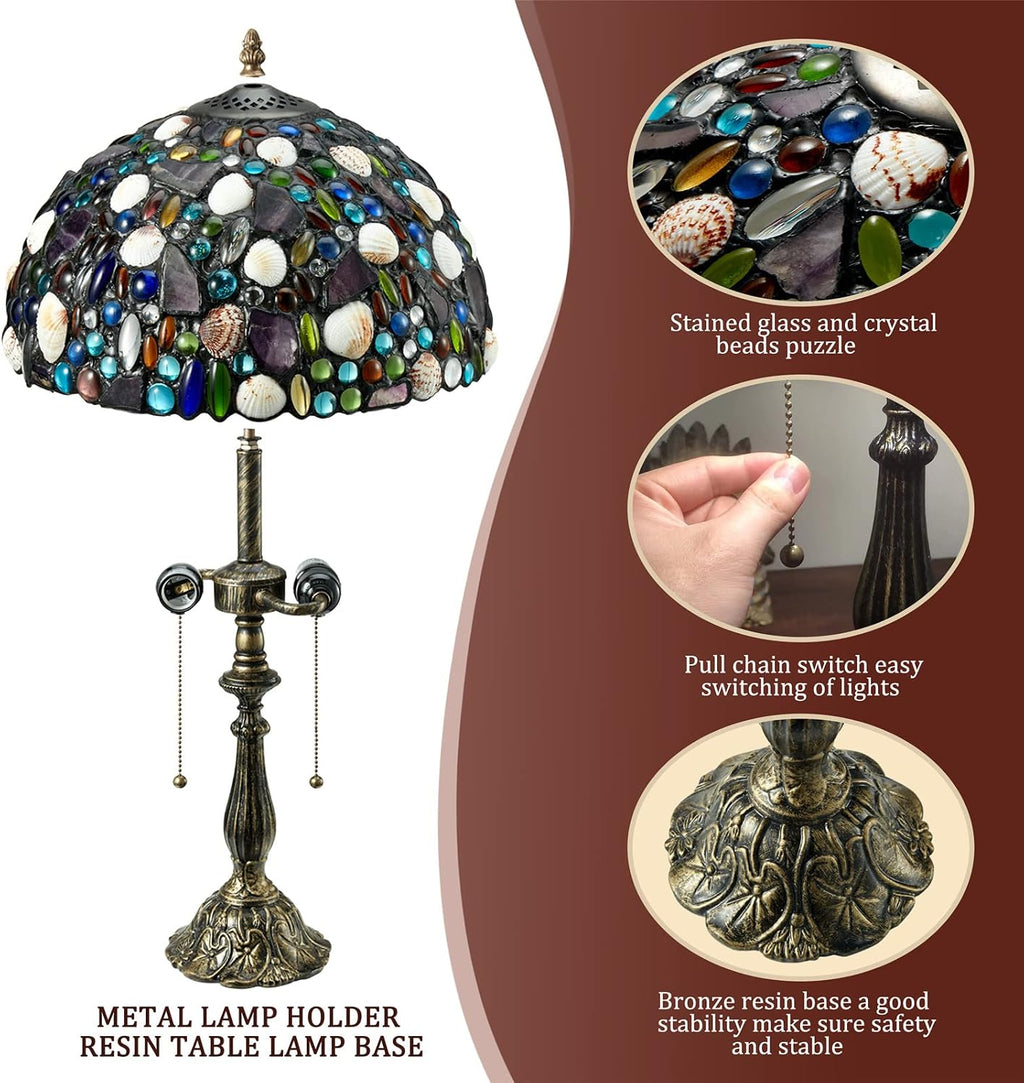 Tiffany Table Lamp,Stained Glass Lamp with Natural Shell,12' Vintage 2-Light Handmade Tiffany Style Lamp,Tiffany Bedside Light for Bedroom Living Room Office(2 LED Bulbs Included)