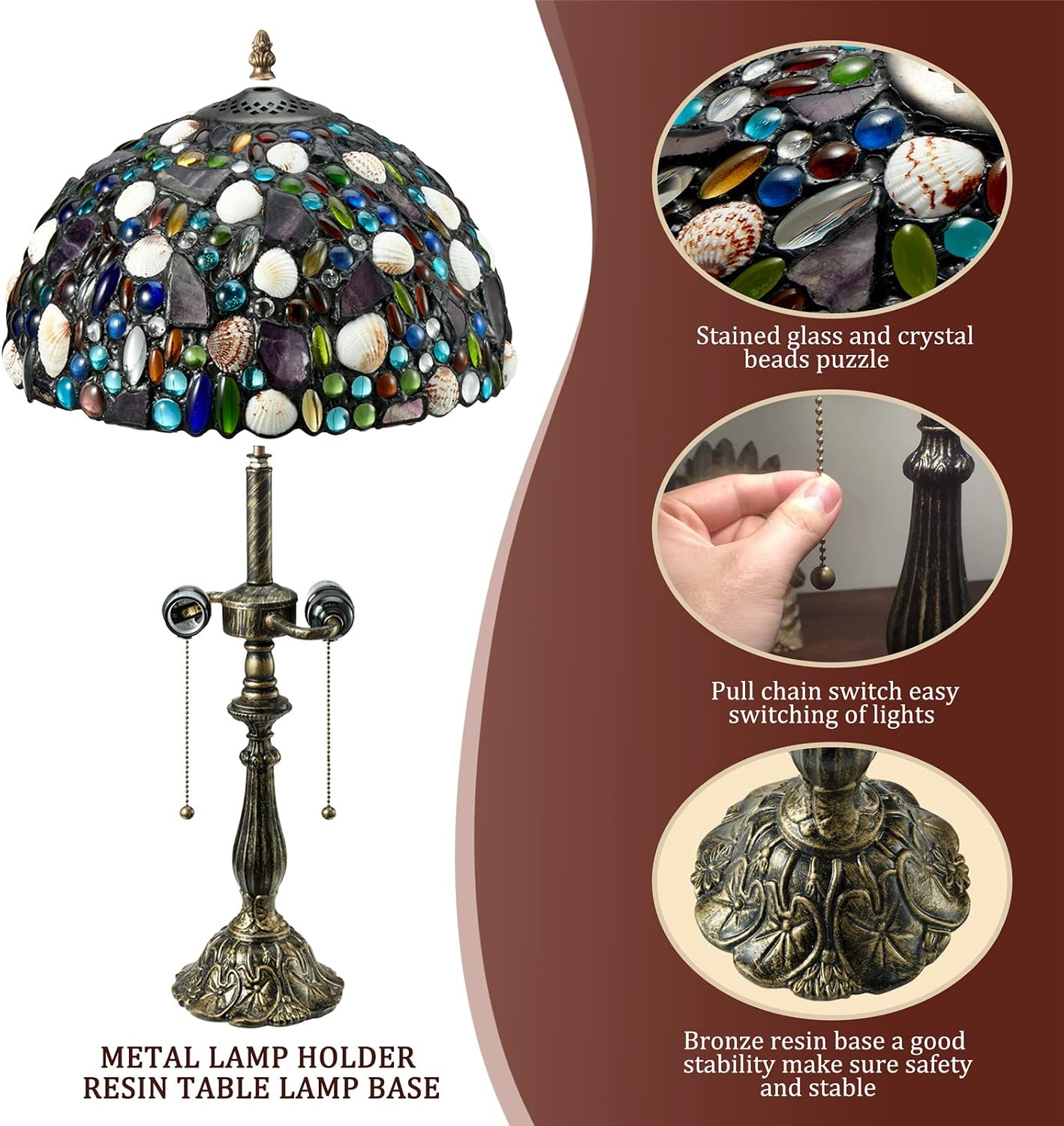 Tiffany Table Lamp,Stained Glass Lamp with Natural Shell,12' Vintage 2-Light Handmade Tiffany Style Lamp,Tiffany Bedside Light for Bedroom Living Room Office(2 LED Bulbs Included)