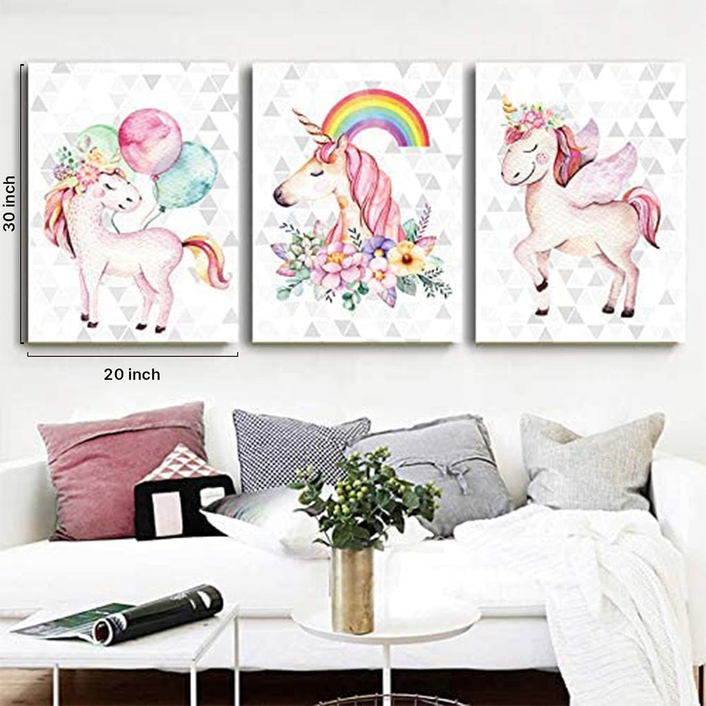 Unicorn Wall Decor Framed Canvas Art Prints Sweet Pink Horse Flower Balloon Rainbow Pictures Posters Modern Artwork Paintings Home Wall Decoration Girls Room Kids Bedroom Gift Set of 3 Panels 20x28