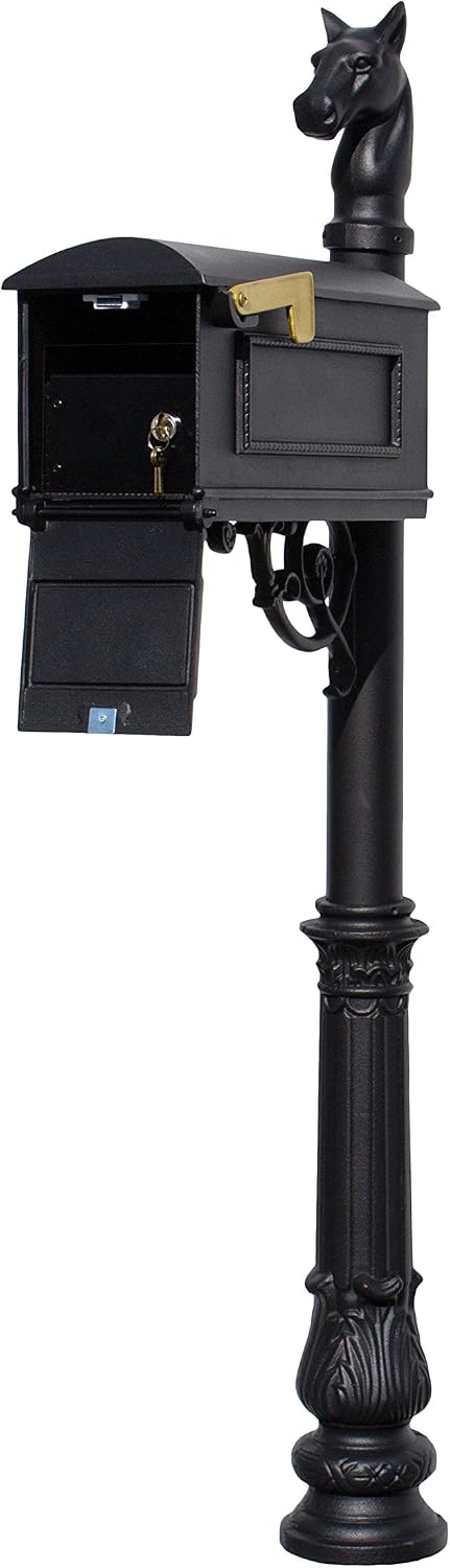 LML-701-BL Lewiston Rust Free Cast Aluminum Locking Mailbox System with Post, Decorative Horsehead Finial & Ornate Base, Black