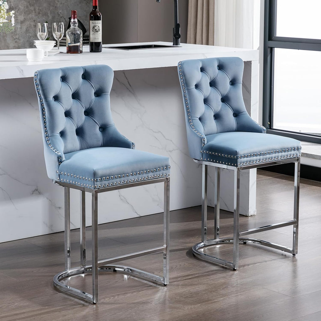 25' Counter Height Bar Stools Set of 6, Velvet Counter Stools for Kitchen Island, Tufted High Chair with Backs, Fabric Upholstered Modern Barstools for Pub Cafe, Chromed Metal Legs (Blue, 6Pcs)