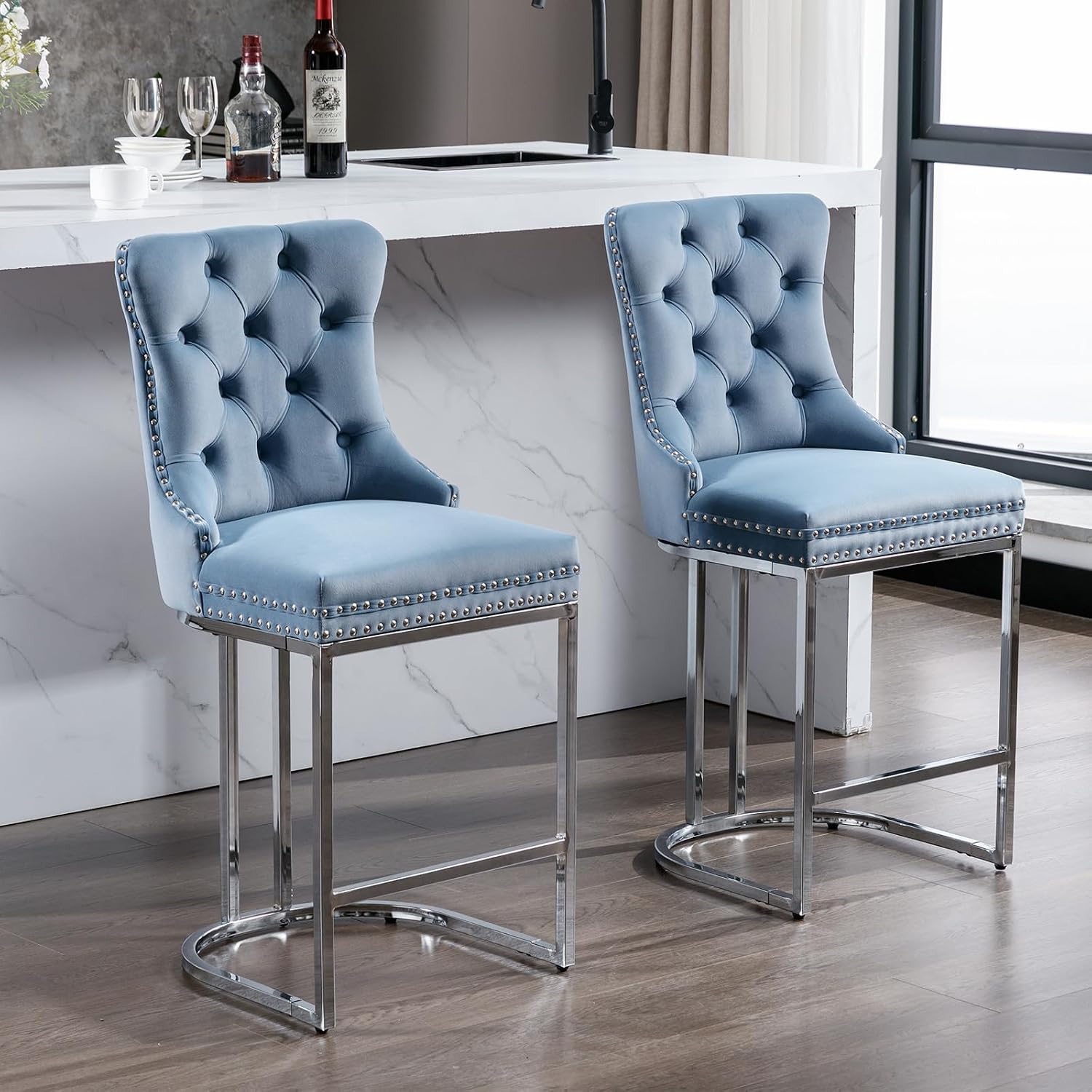 25' Counter Height Bar Stools Set of 6, Velvet Counter Stools for Kitchen Island, Tufted High Chair with Backs, Fabric Upholstered Modern Barstools for Pub Cafe, Chromed Metal Legs (Blue, 6Pcs)
