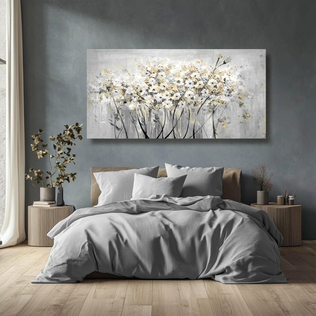 Flowers Canvas Wall Art White Paintings Grey Gold Contemporary Artwork Master Bedroom Wall Decor 29'x 58' Large Framed Art for Living Room Office Home Decor