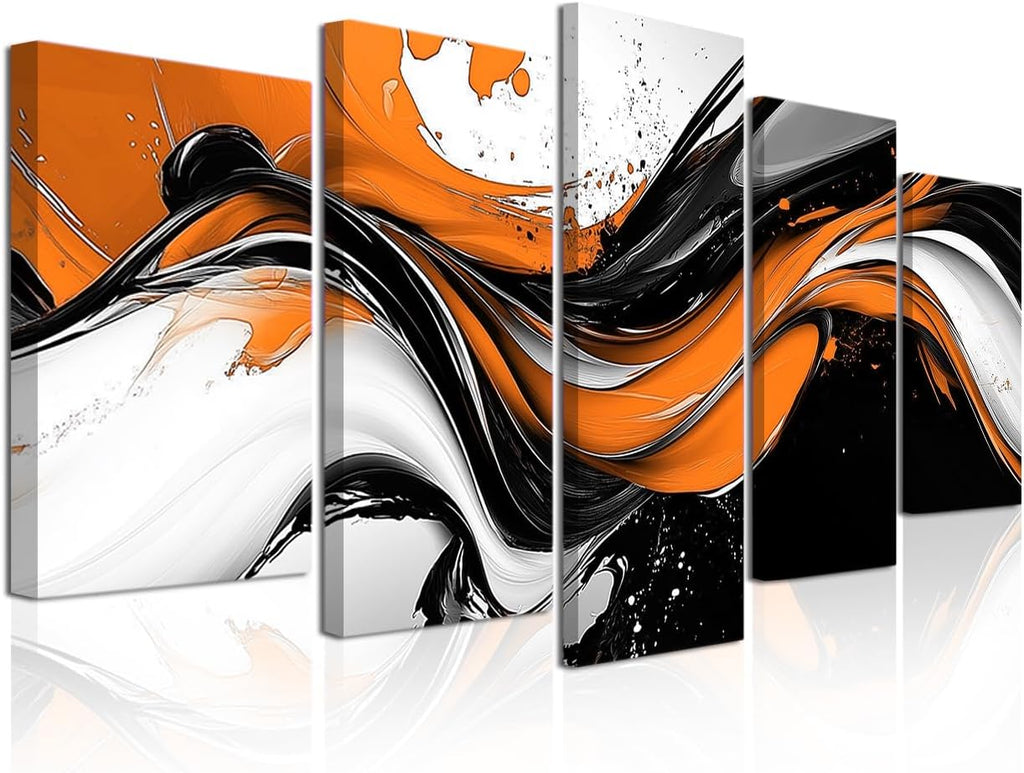 CXHOSTENT Orange Abstract Wall Art 5 Panel Orange Grey Black Painting Canvas Prints Large Artwork for Bedroom Living Room Office Decor Framed (White, 16x24inx2 16x32inx2 16x40inx1)