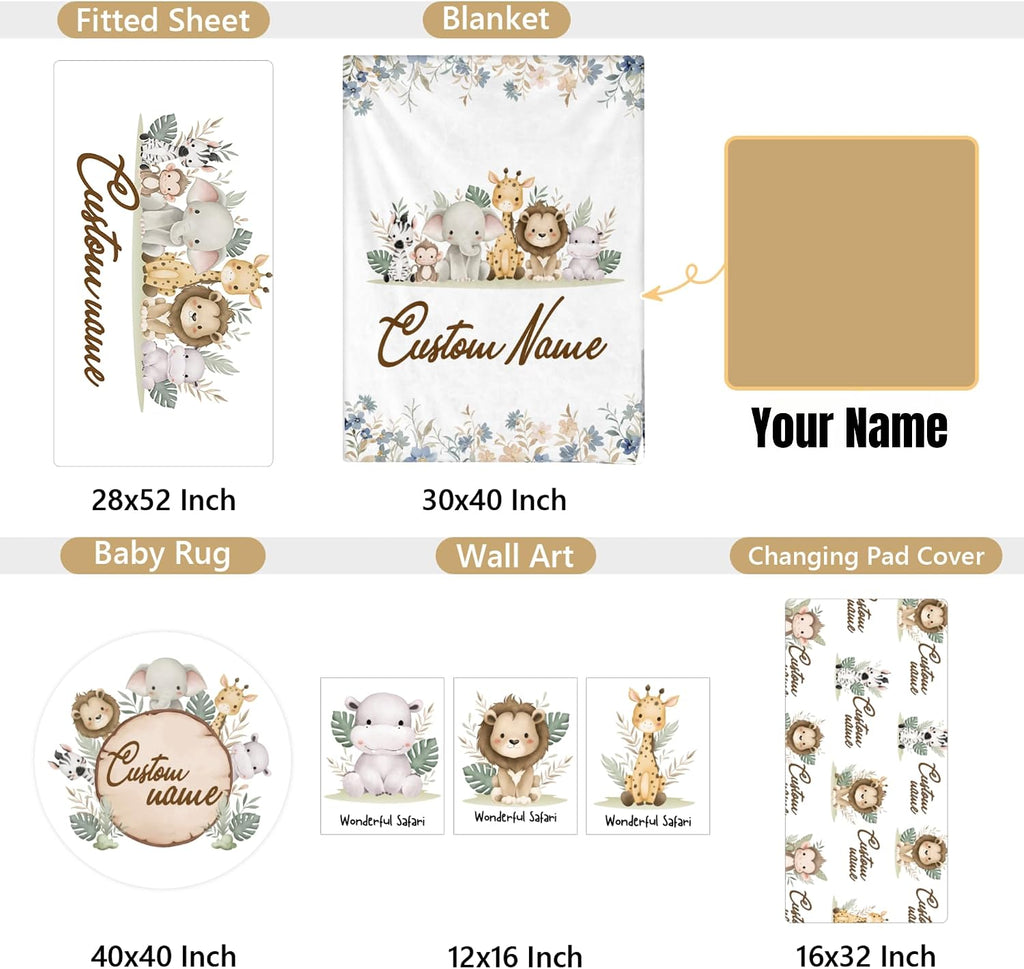 Personalized Baby Bedding Set, 5 Pcs Custom Baby Crib Sets with Name, Animal Safari Toddler Bedding Set for Baby Girls Boys, Double Layer Nursery Bedding Set, Customized Gifts for Infants Kids
