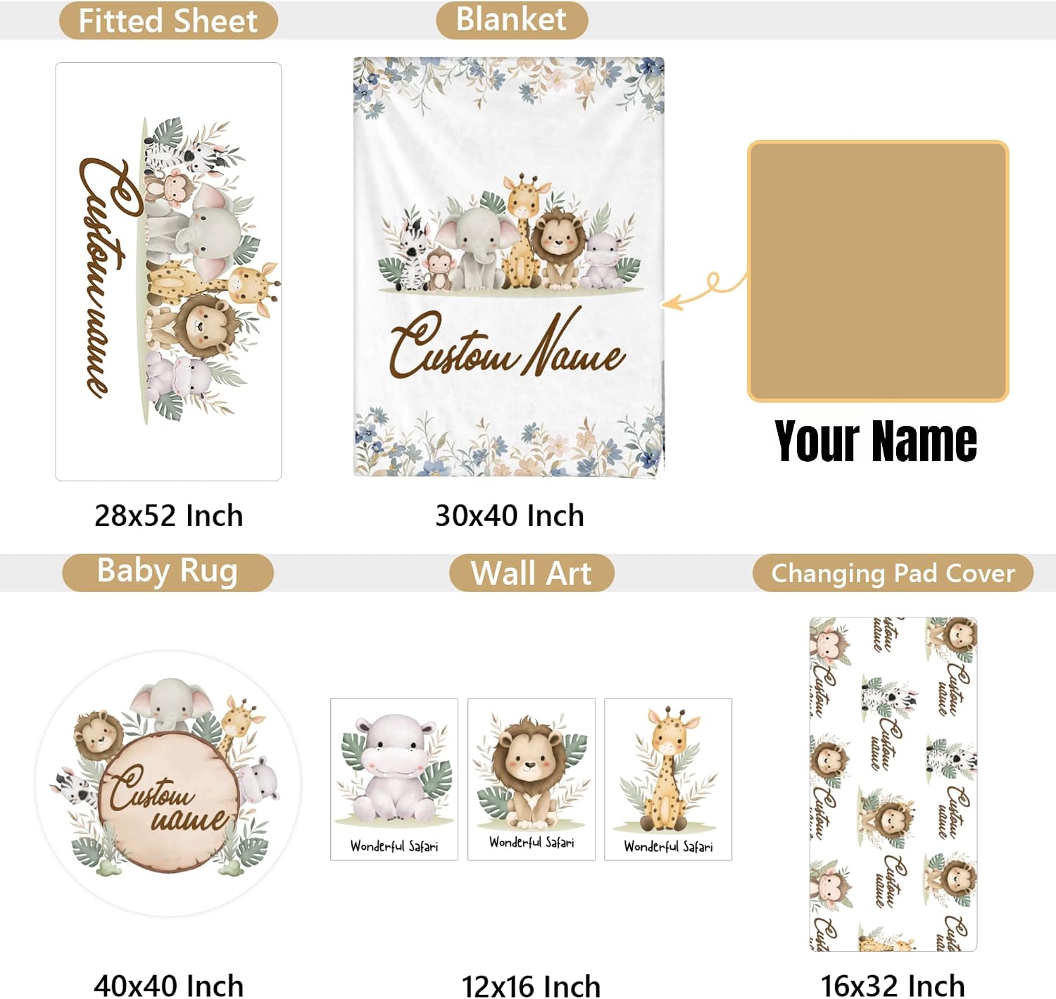 Personalized Baby Bedding Set, 5 Pcs Custom Baby Crib Sets with Name, Animal Safari Toddler Bedding Set for Baby Girls Boys, Double Layer Nursery Bedding Set, Customized Gifts for Infants Kids