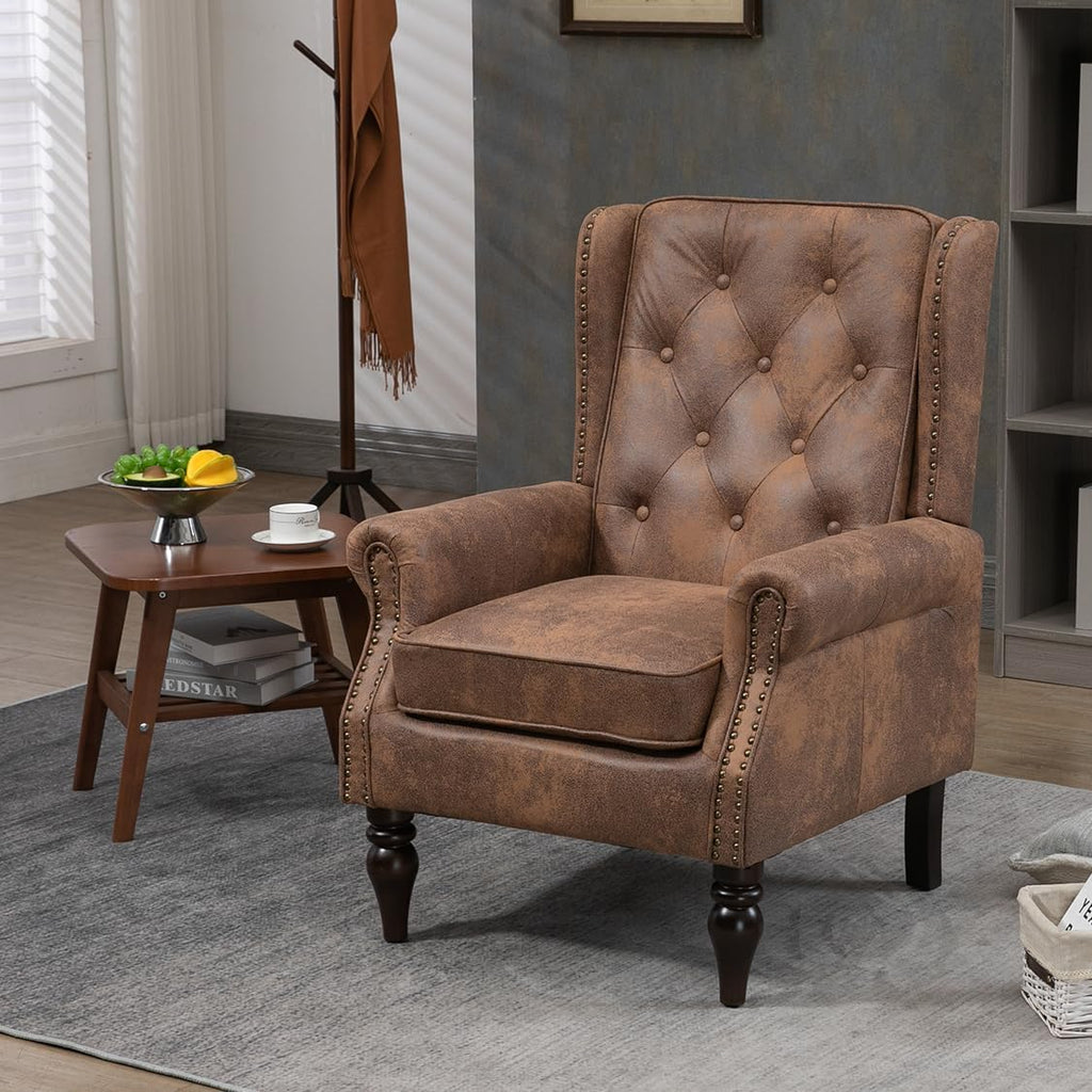 Mid-Century High Wingback Chair Set of 2,Microsuede Accent Chair Armchair with Buttons,Modern Living Room Chairs with Rivet Decoration,Leisure Single Sofa Chair for Bedroom,Home Reception (Coffee)