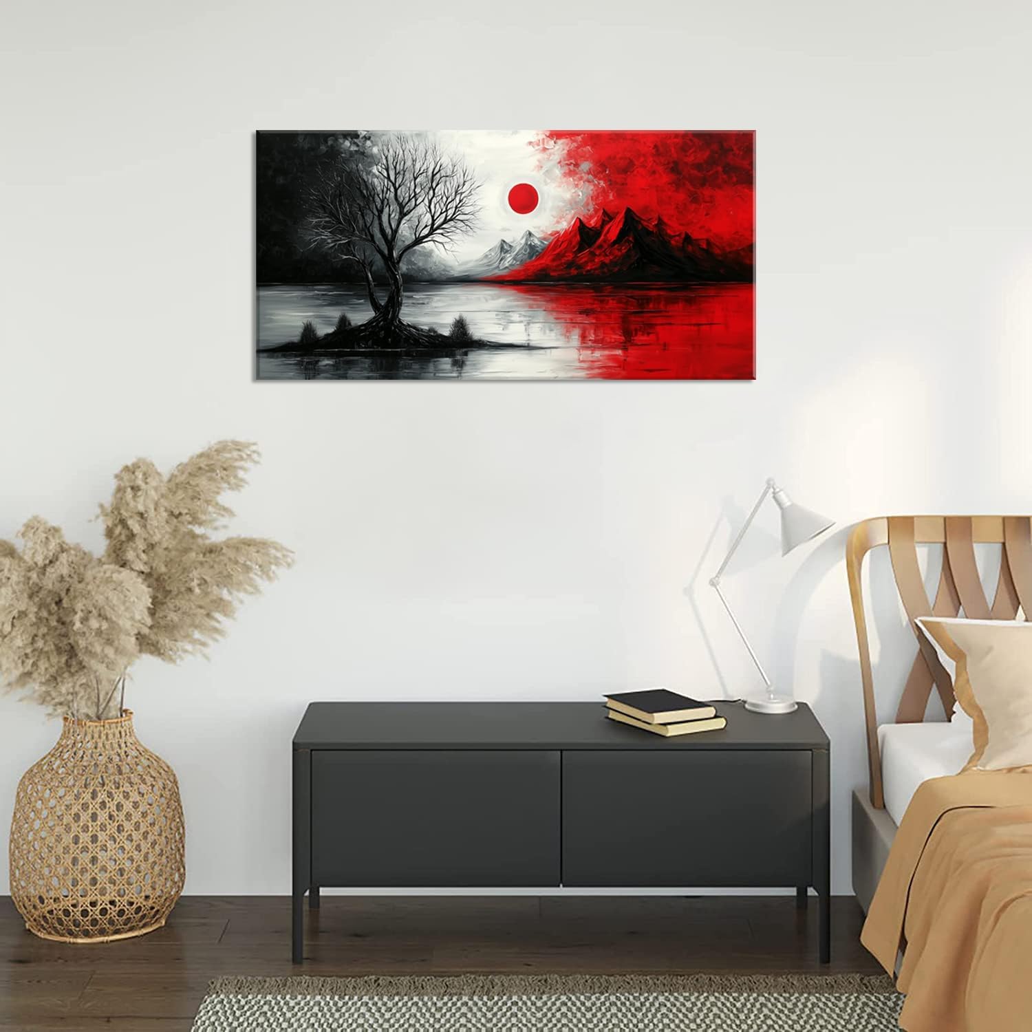 GAFSING Modern Abstract Canvas Wall Art, Black & Red Cloud Tree, 28x58inch, Living Room, Bedroom Decor