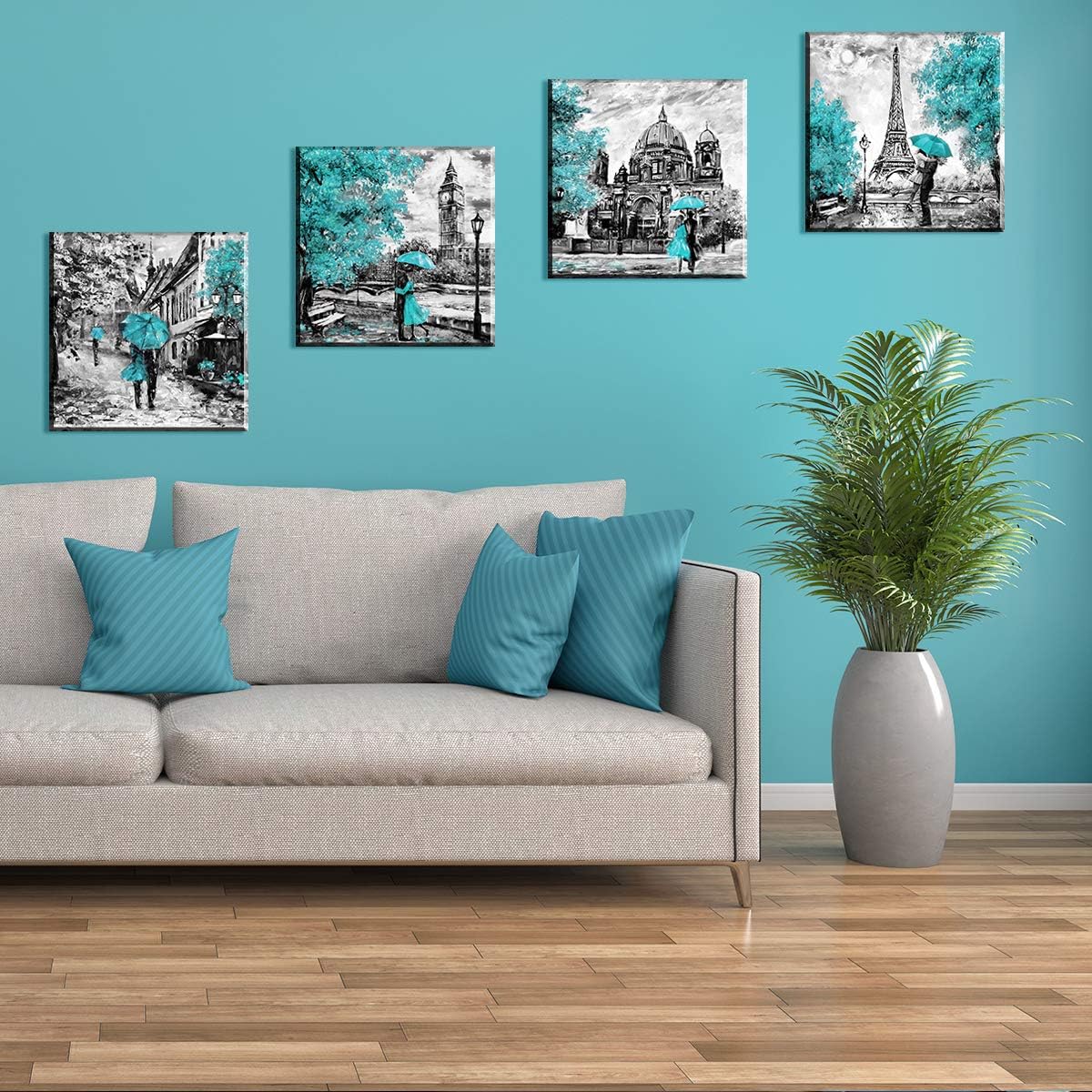 Teal Eiffel Tower Wall Decor Paris Theme Wall Art for Bedroom Black and White Berlin Street Canvas Prints London Big Ben Paintings Pictures Modern Romantic Artwork Home Decorations 24x24' 4Pcs/Sets
