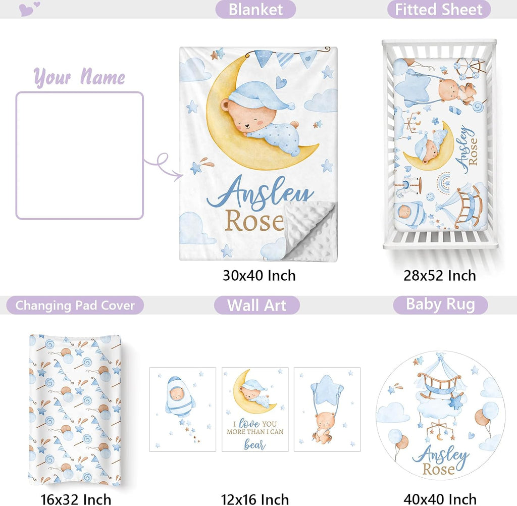 Custom Baby Crib Bedding Set, 5 PCS Personalized Name Baby Crib Sets for Girls Boys, Blue Bear Theme Nursery Bedding Sets for Infant Toddler, Double Layer Flannel Bed Set Customized Gifts