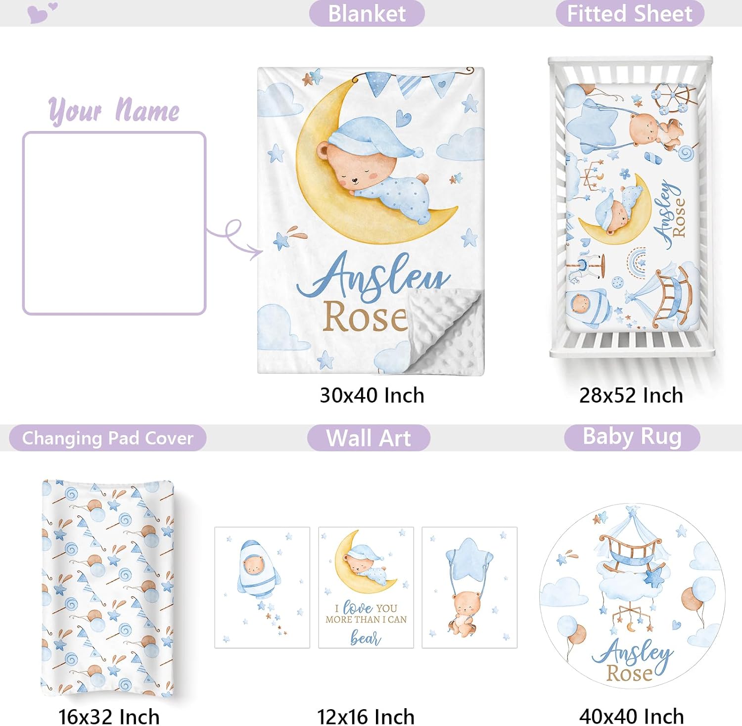 Custom Baby Crib Bedding Set, 5 PCS Personalized Name Baby Crib Sets for Girls Boys, Blue Bear Theme Nursery Bedding Sets for Infant Toddler, Double Layer Flannel Bed Set Customized Gifts