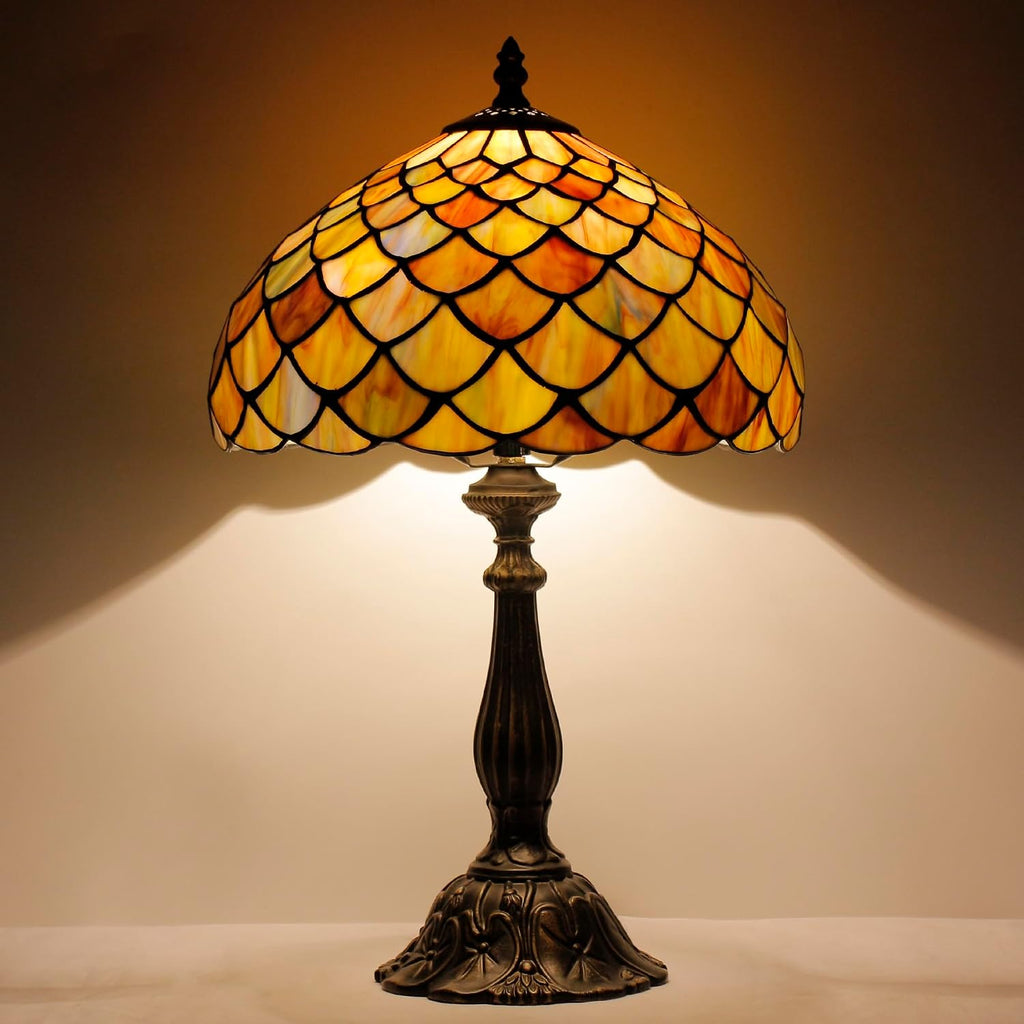 Tiffany Lamp Touch Control Table Lamp Yellow Green Stained Glass Desk Lamp 12X12X19 Inches Fish Scales Style Reading Light