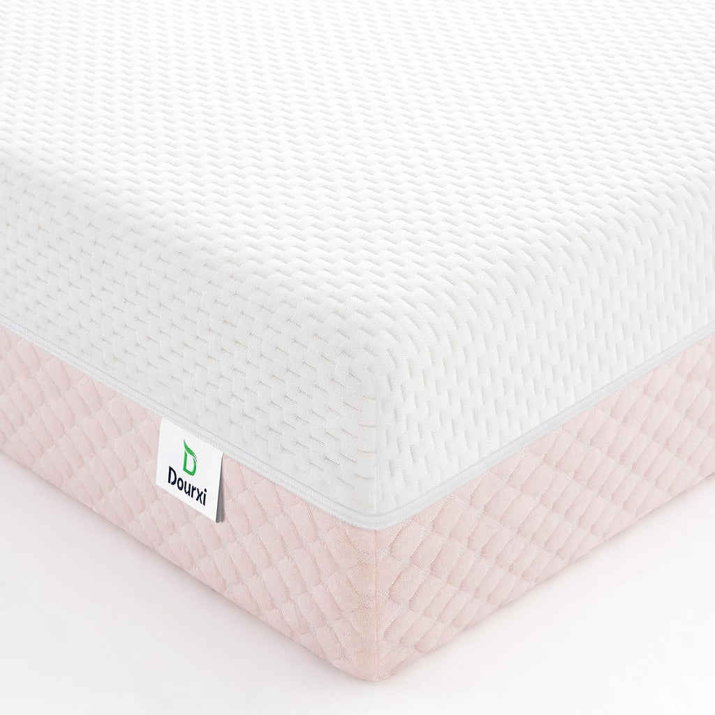 Dourxi Crib Mattress, Dual Sided Comfort Memory Foam Toddler Bed Mattress, Triple-Layer Breathable Premium Baby Mattress for Infant and Toddler w/Removable Outer Cover - White&Pink