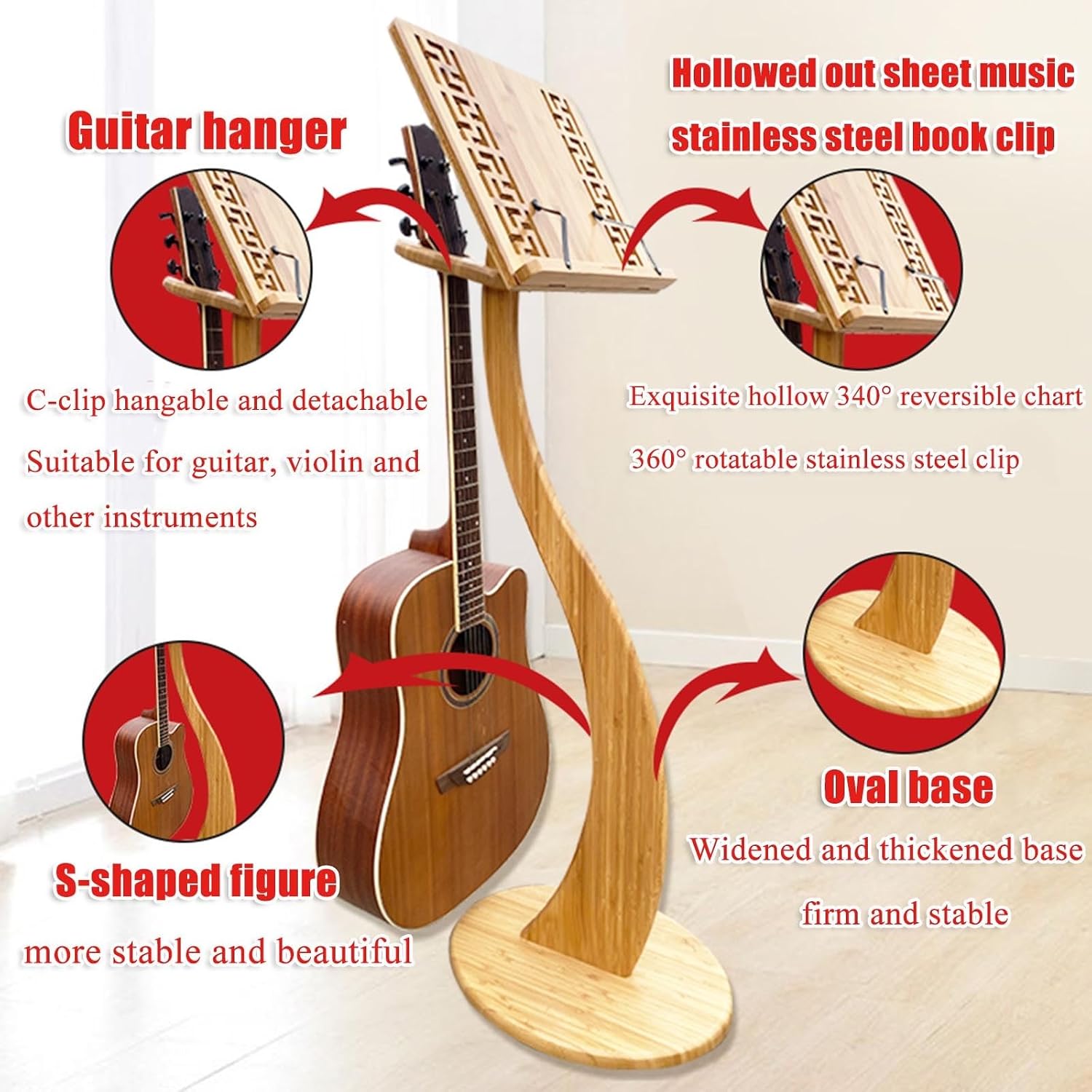 Bamboo Sheet Music Stand, Violin Music Stand, 340° Flip Design, Detachable, Professional Music Book Holder, Stability, for Performence, Guitar, Ukulele, Violin Players,