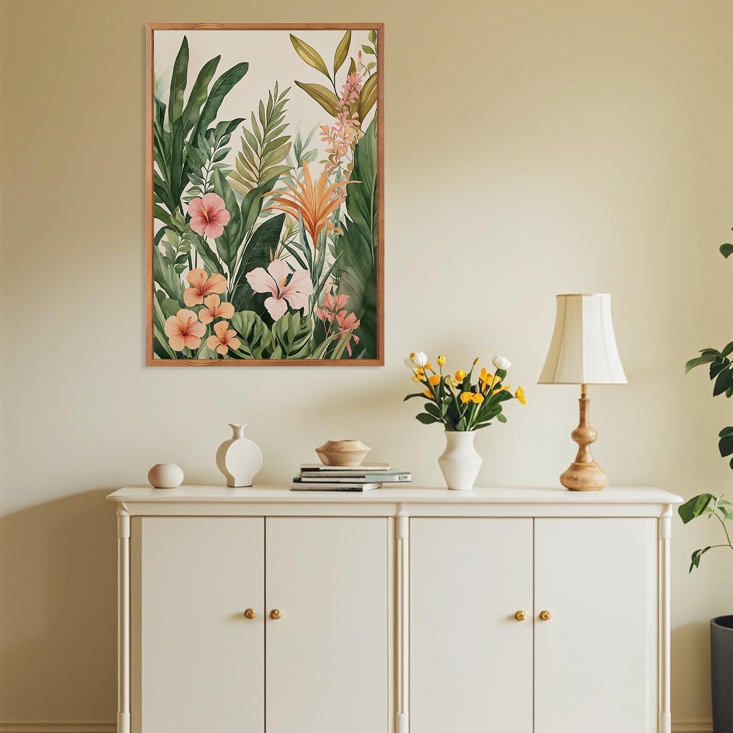HLNIUC Boho Tropical Leaves Framed Canvas Wall Art,Abstract Flower Wall Decor Set of 3(24'x36')Modern Green Plant Banana Leaf Art Print,Tropical Botanical Jungle Painting for Living Room Bedroom Office