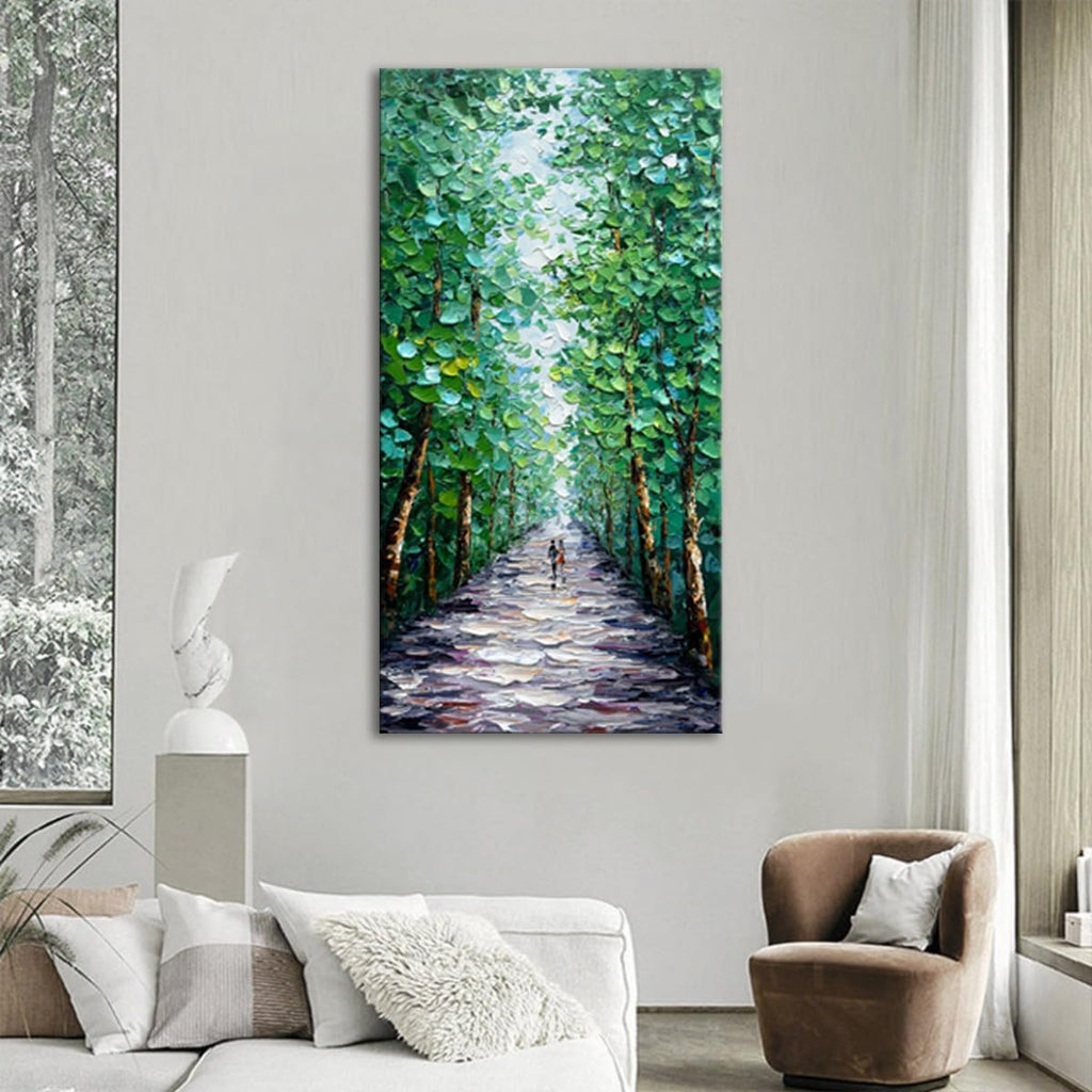 Alenoss Hand Painted Canvas Wall Art, Large Midsummer Forest Landscape Painting, Abstract Oil Painting on Canvas, 24x48 inches, Green, Vertical Wall Art for Living Room, Bedroom