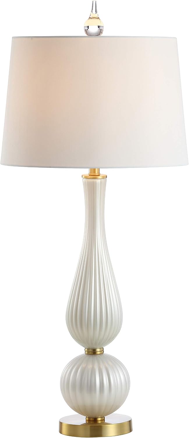 JONATHAN Y 33.7' White Iridescent Fluted Glass Table Lamp, Contemporary Glam Bedside Lamp with Brass Gold Base and White Faux Silk Shade, LED Bulb Included JYL2071A